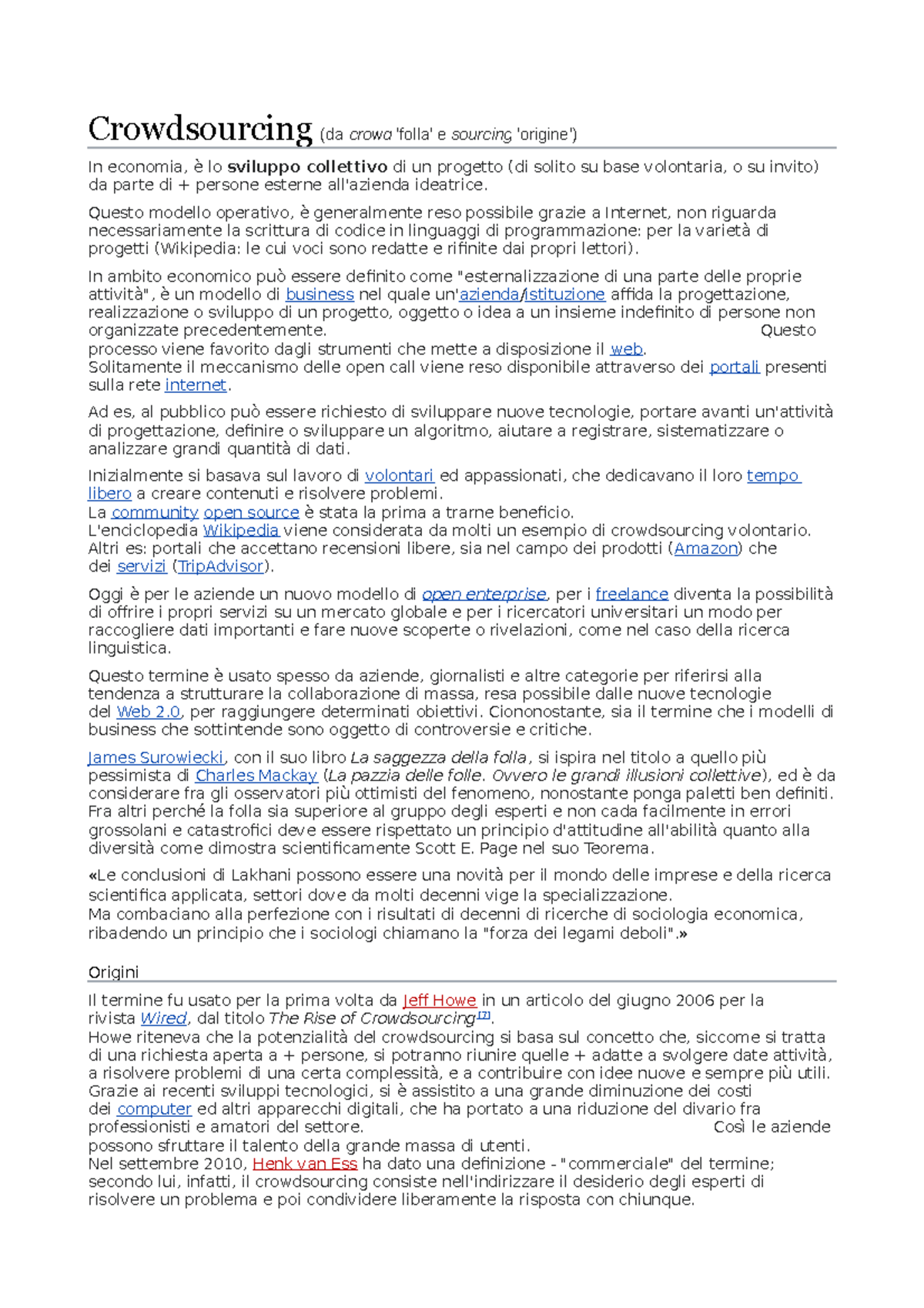 Informatica - Riassunto sul Crowdsourcing e Intelligenza Collettiva -  Studocu