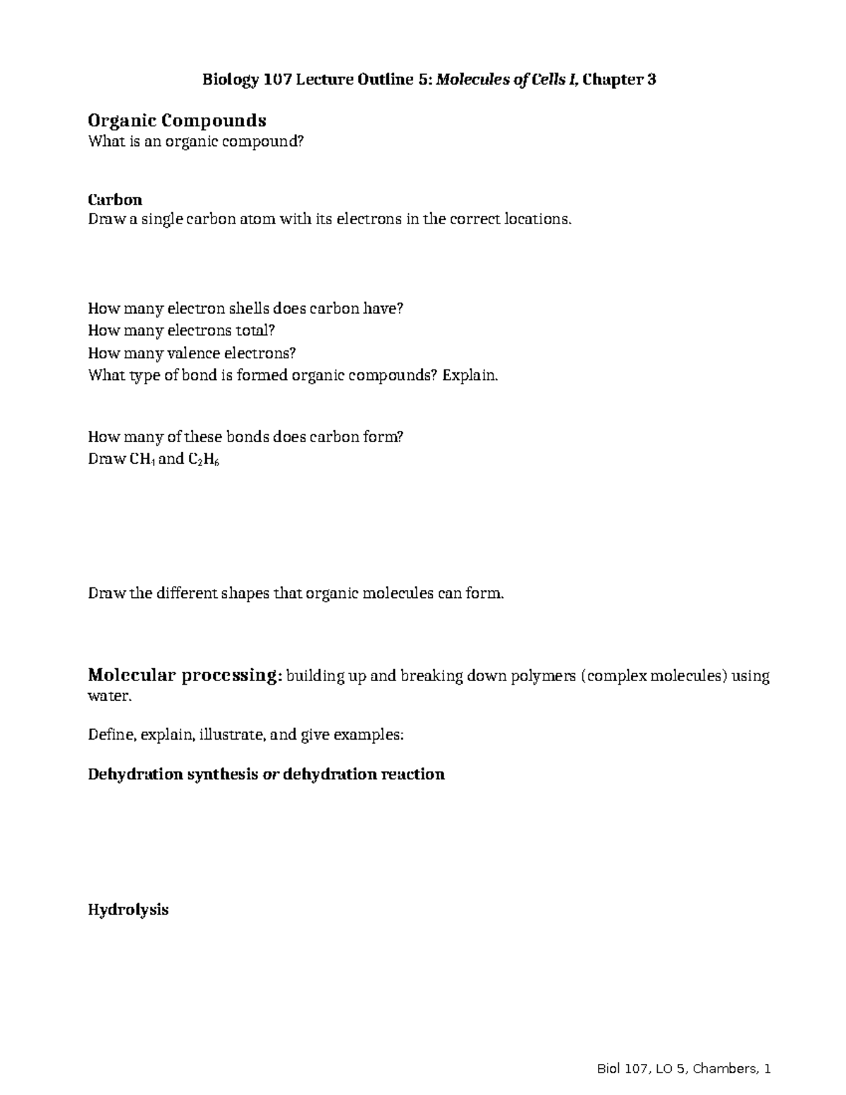 Biology 107 Lecture Outline 5: Organic Compounds & Macromolecules - Studocu