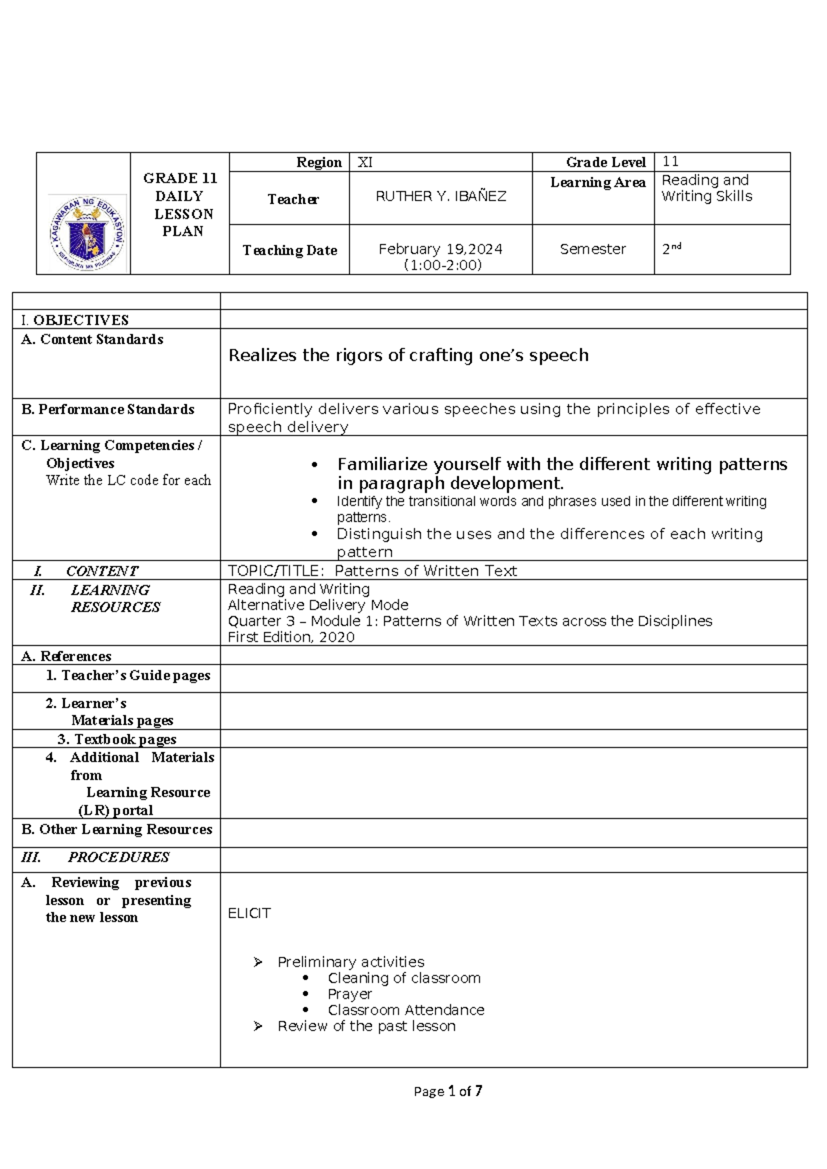 COT 3 - Grade 11 Reading and Writing Lesson Plan: Patterns of Texts ...