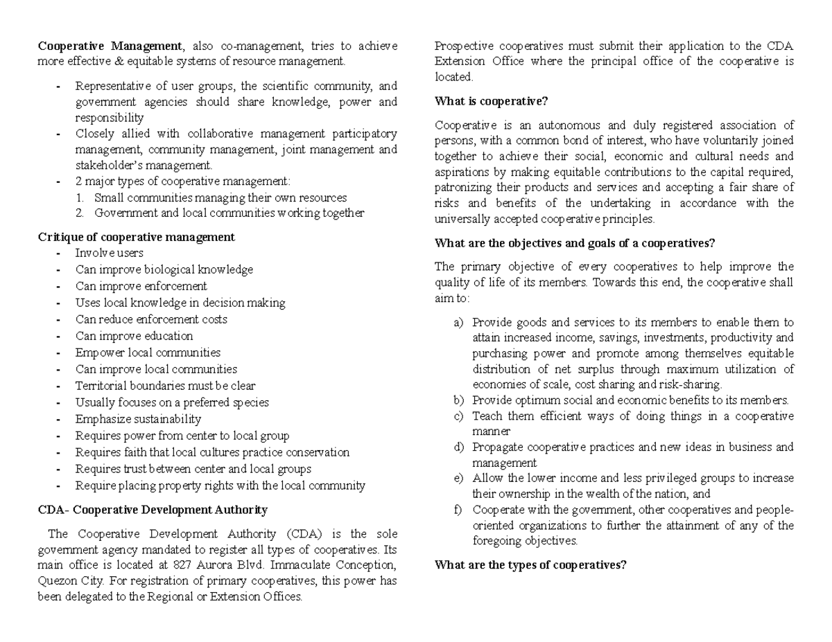 Lecture 1: Notes on Cooperative Management Principles and Practices ...