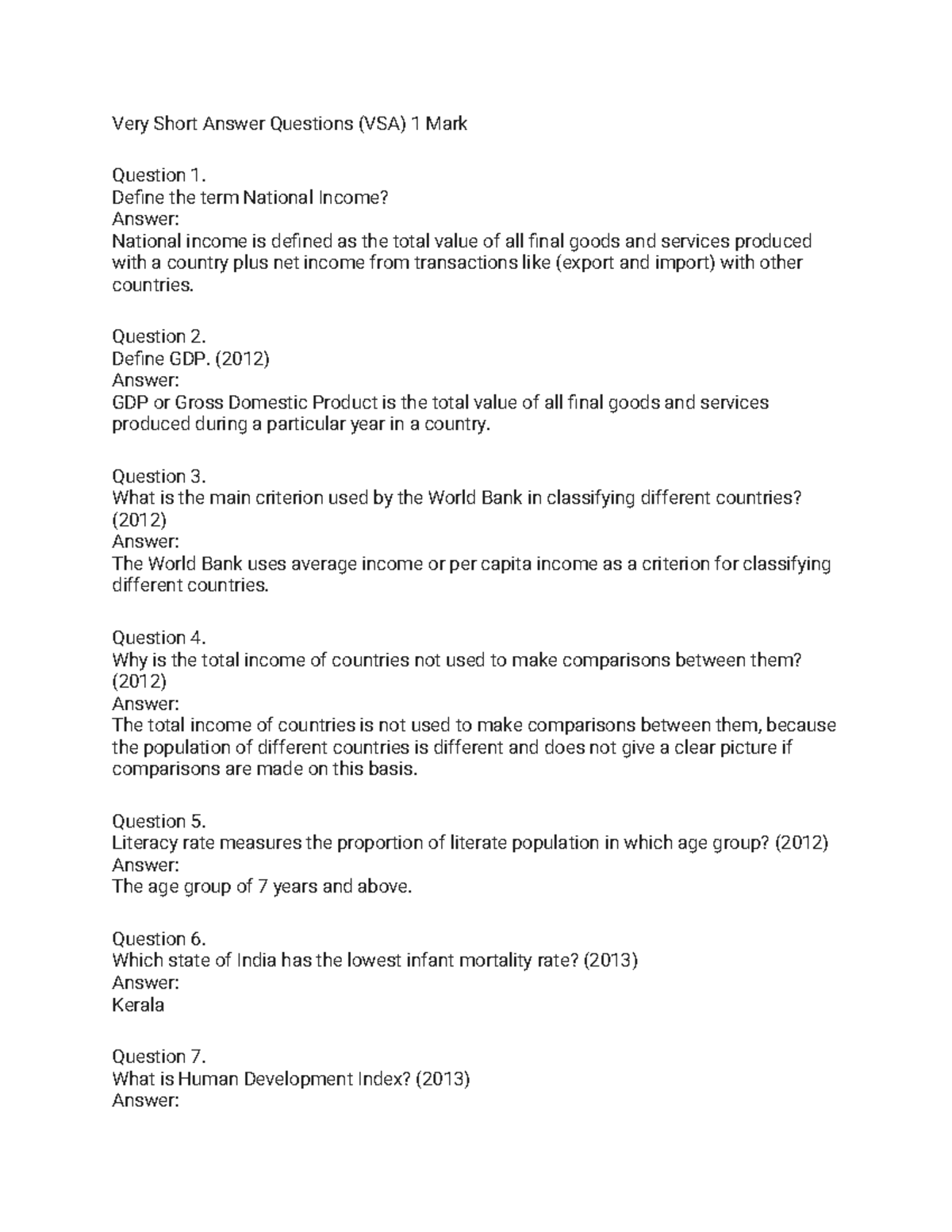 Economic Development: VSA & SA Questions (2012-2015) - Studocu