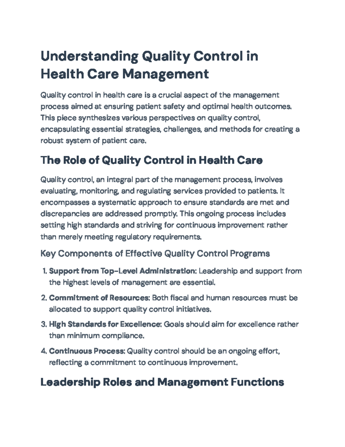 Quality Control Strategies in Health Care Management: A Comprehensive ...