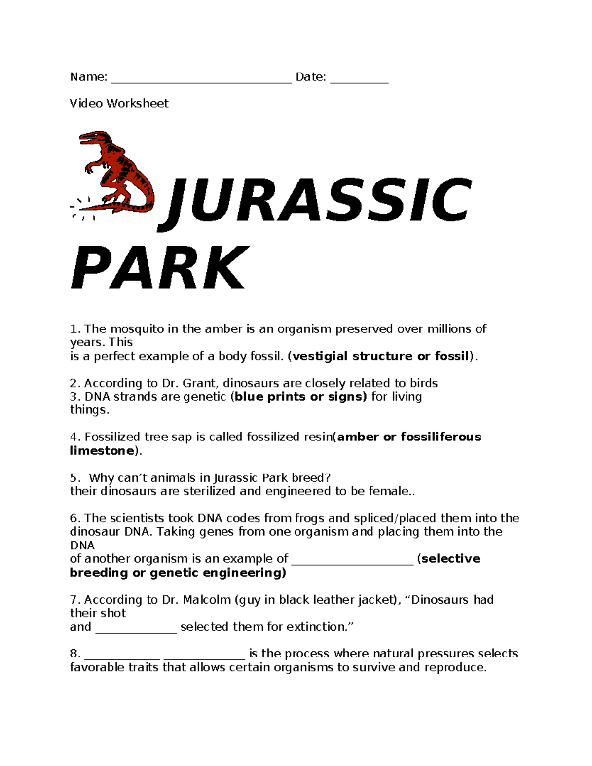 Jurassic Park Video WS - Name: Date: ______ Video Worksheet - Studocu