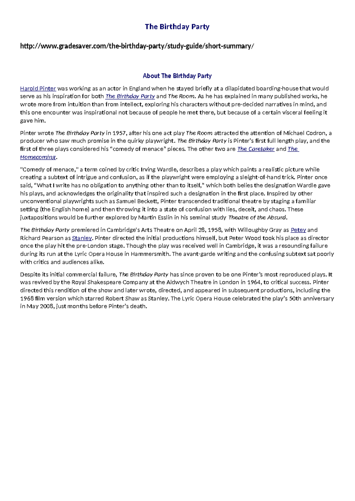 **Course Code: ENG201 - The Birthday Party Study Guide and Summary ...