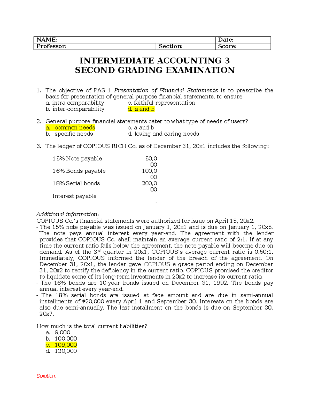 INTERMEDIATE ACCOUNTING 3 SECOND GRADING EXAMINATION ANSWER KEY - Studocu