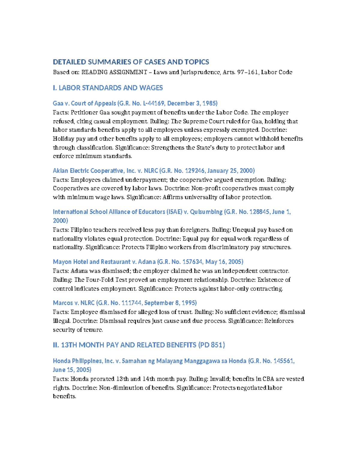 Labor Law Case Summaries: Key Rulings and Doctrines - Studocu
