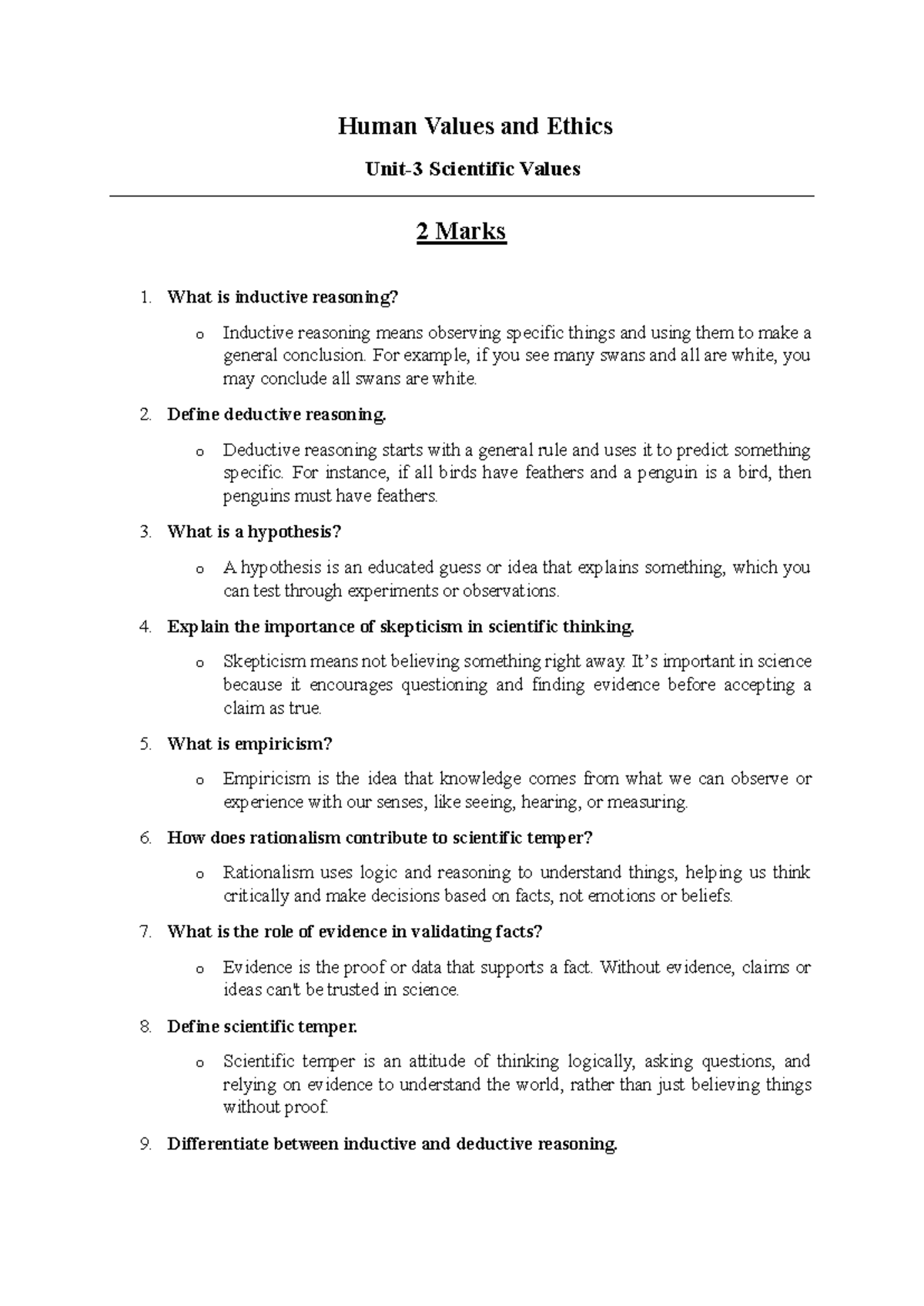 HVE Unit-3: Scientific Values and Key Reasoning Concepts - Studocu