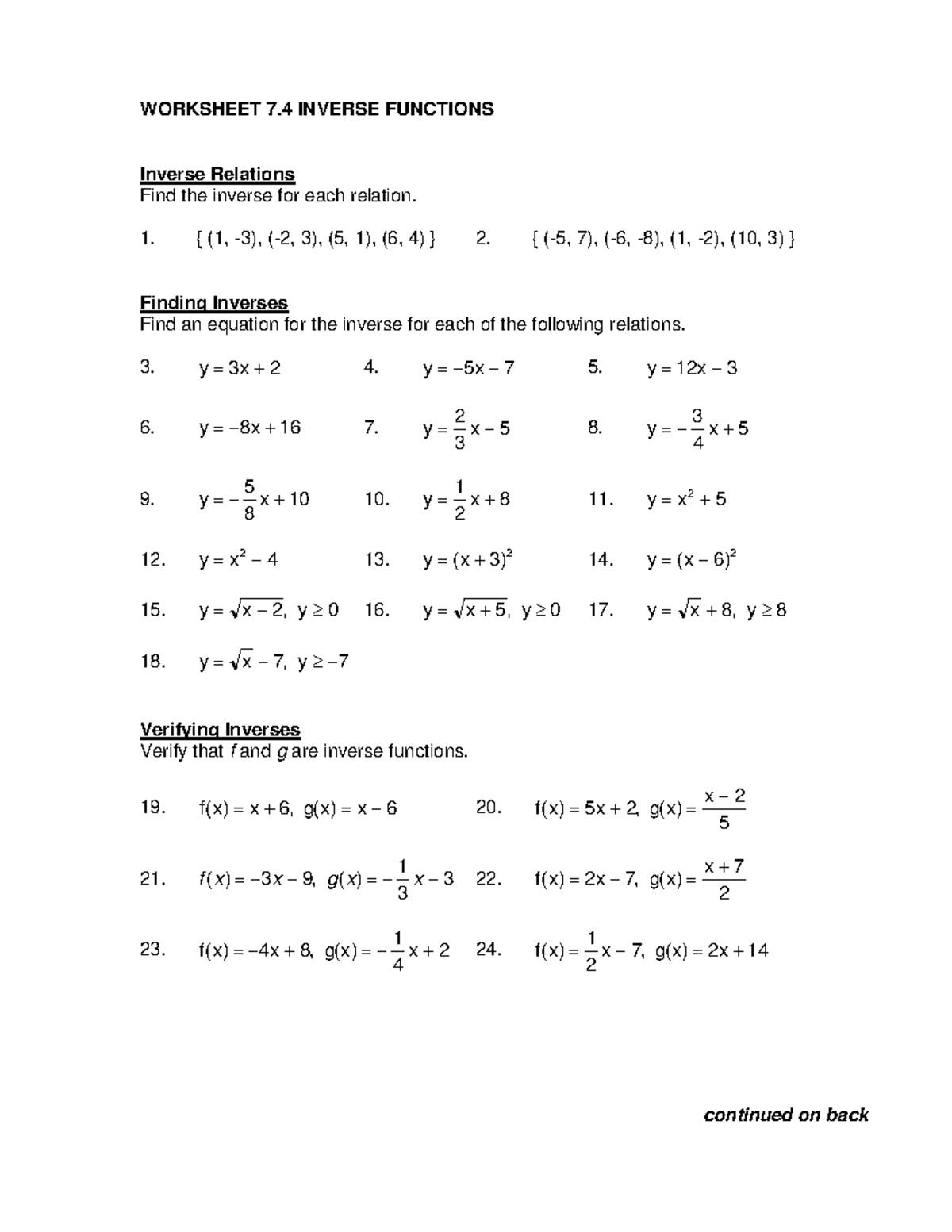 Inverse Functions And Relations Worksheet 7 8 Function Or Not Student