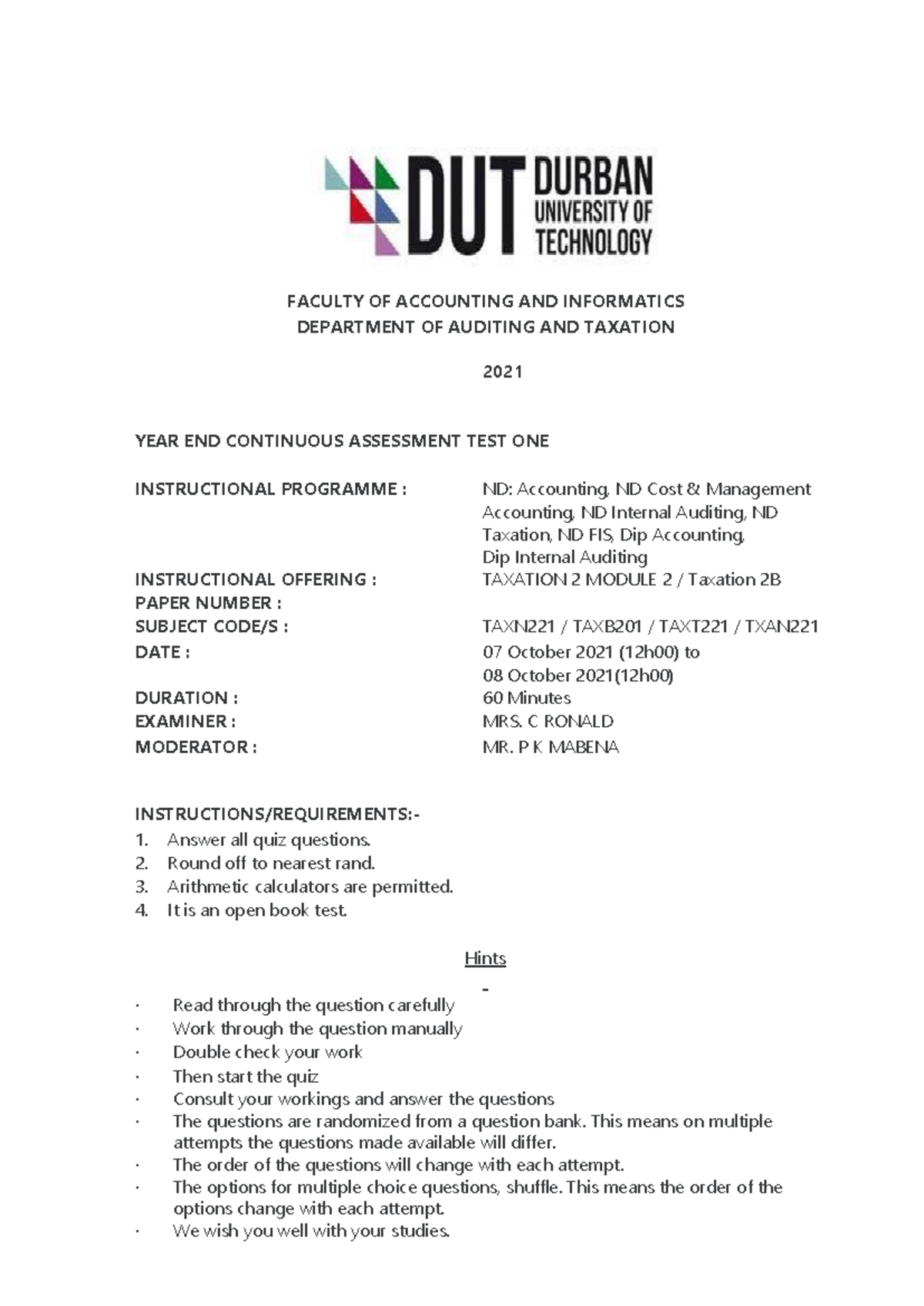 TAXN221 / TAXB201 Year End VAT Test One 2021 Question Paper - Studocu