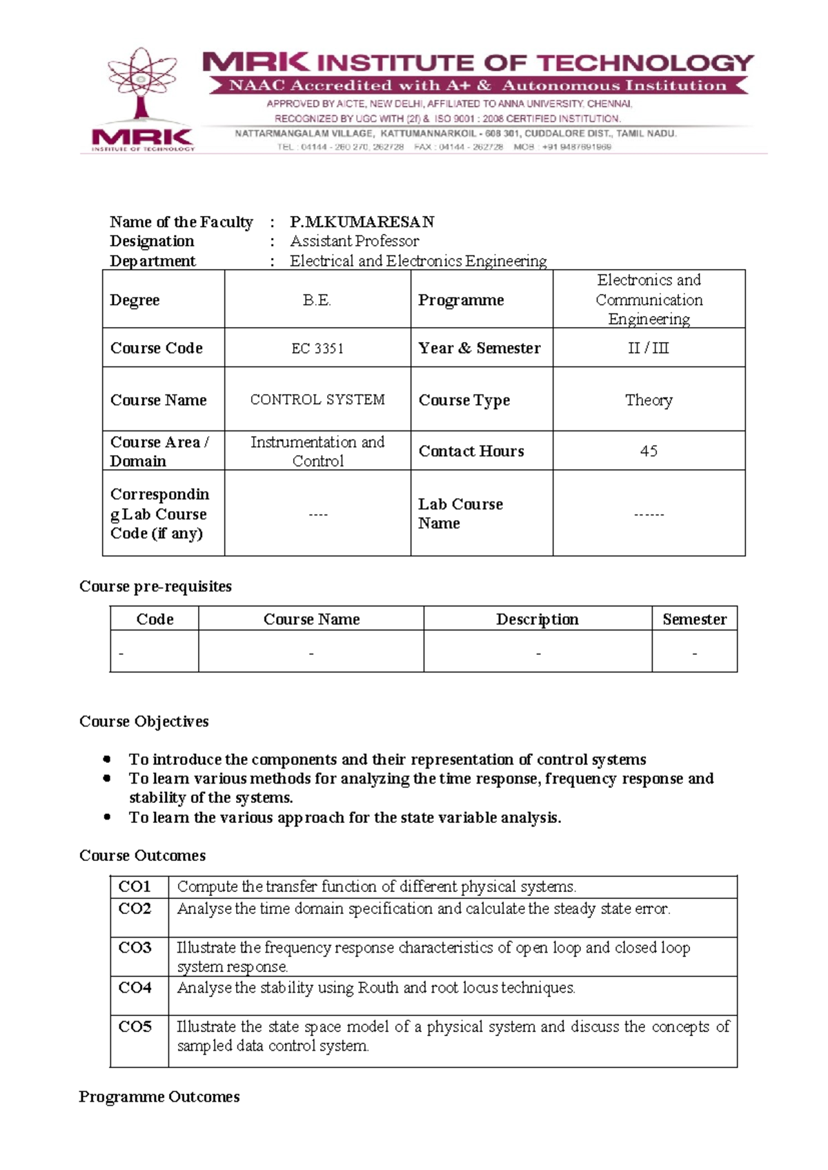 EC3351 Control System Lesson Plan: Theory Overview - Studocu