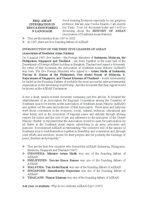 Introduction OF THE First FIVE Leaders OF Asean - Good morning Everyone ...