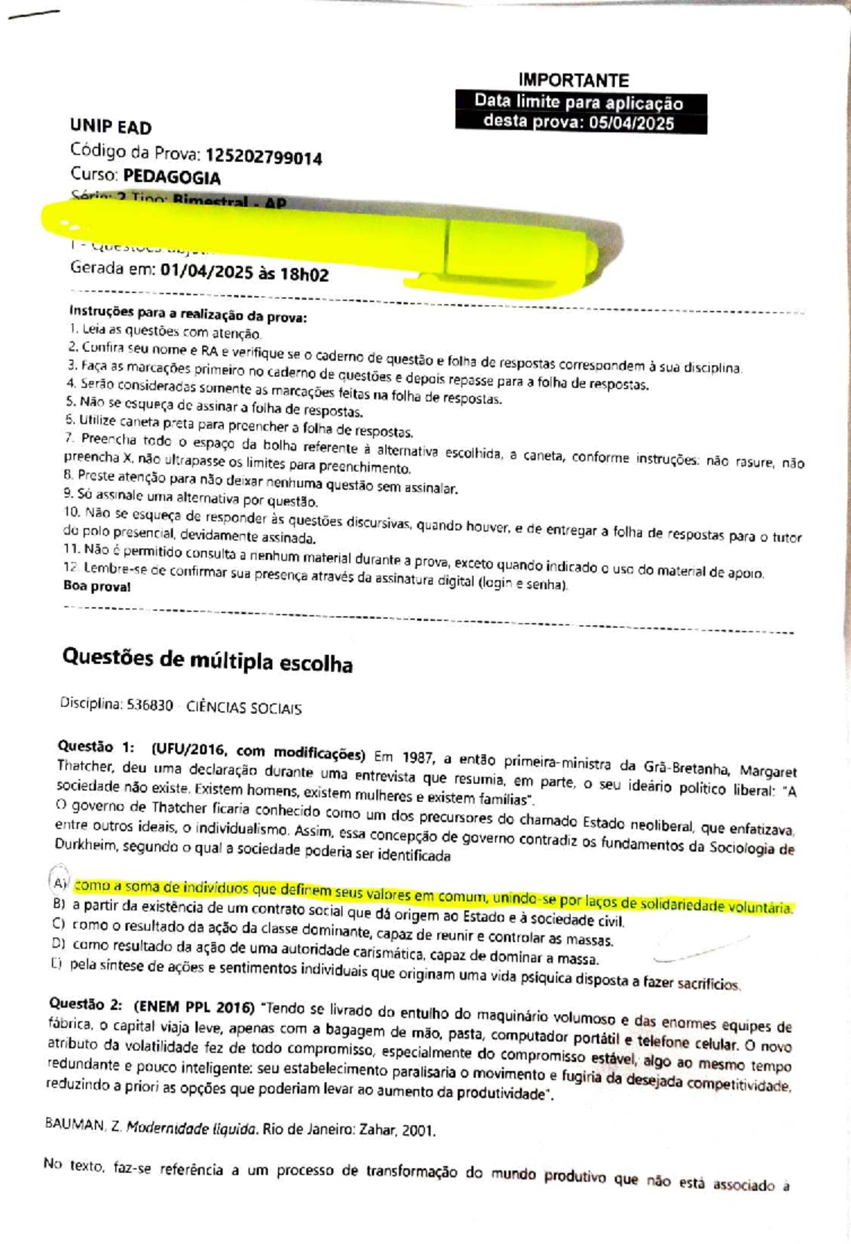Prova de Ciências Sociais - Pedagogia - UNIP - 536830 - Studocu