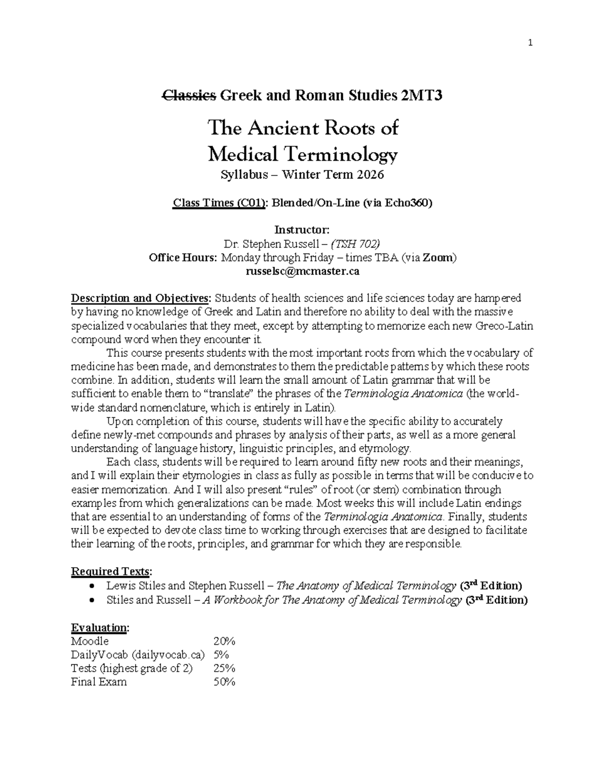 Syllabus for 2MT3: The Ancient Roots of Medical Terminology - Winter ...
