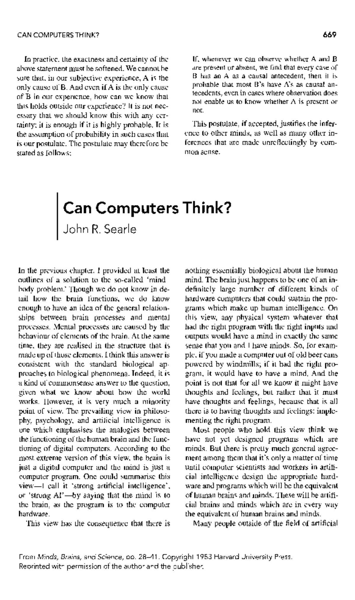 Searle's Argument on the Nature of Digital Computers and Thought - Studocu