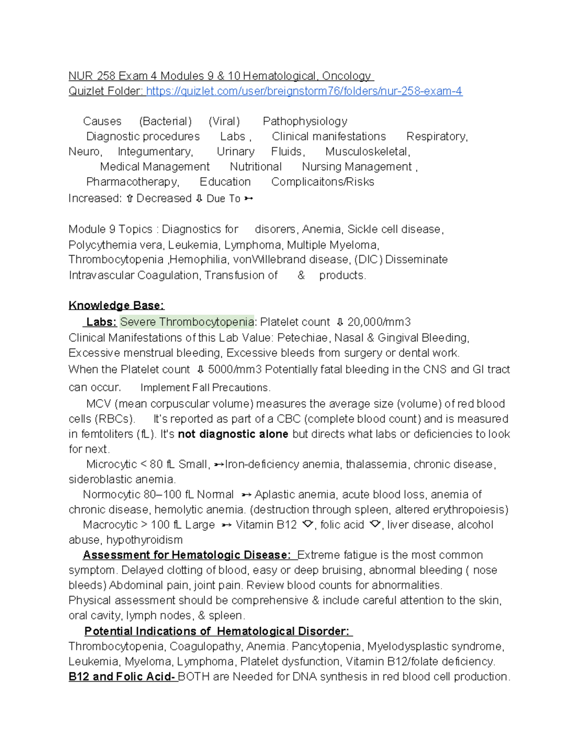 NUR 258 Exam 4 Study Guide: Hematological & Oncology Concepts - Studocu