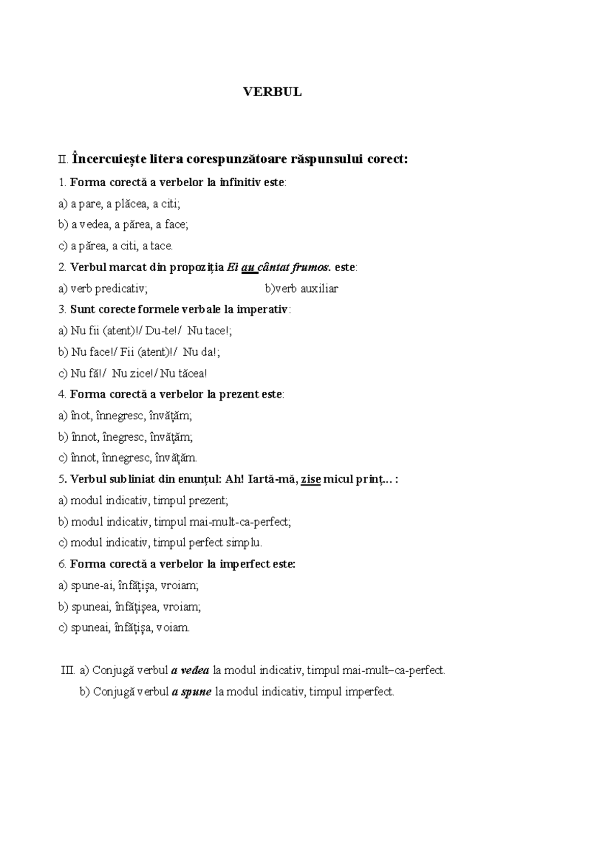 Fișă 6 - Exerciții de Conjugare a Verbului - Studocu