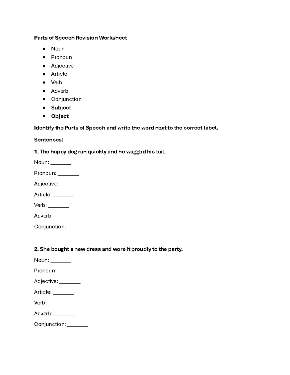 Grade 6 Parts of Speech Revision Worksheet - Studocu
