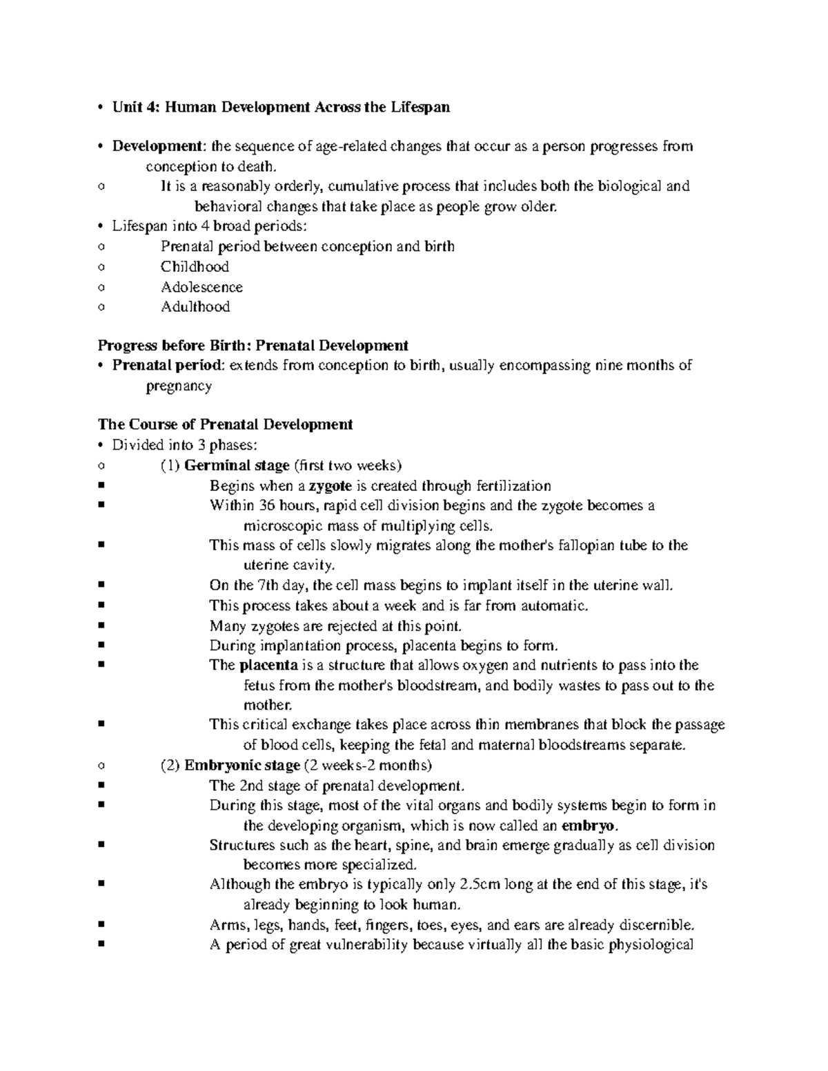 Unit 4- Human Development Across the Lifespan - PSYC290 - AU - Studocu