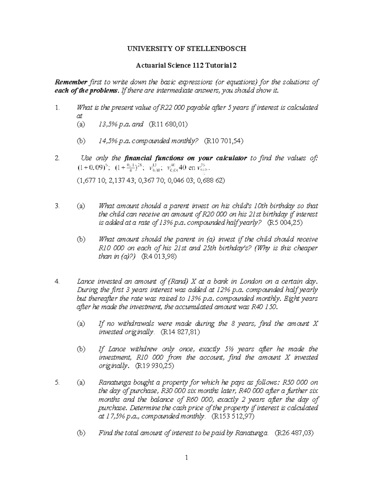 AS 112 Tut 2 - Actuarial Science Tutorial Worksheet - Studocu