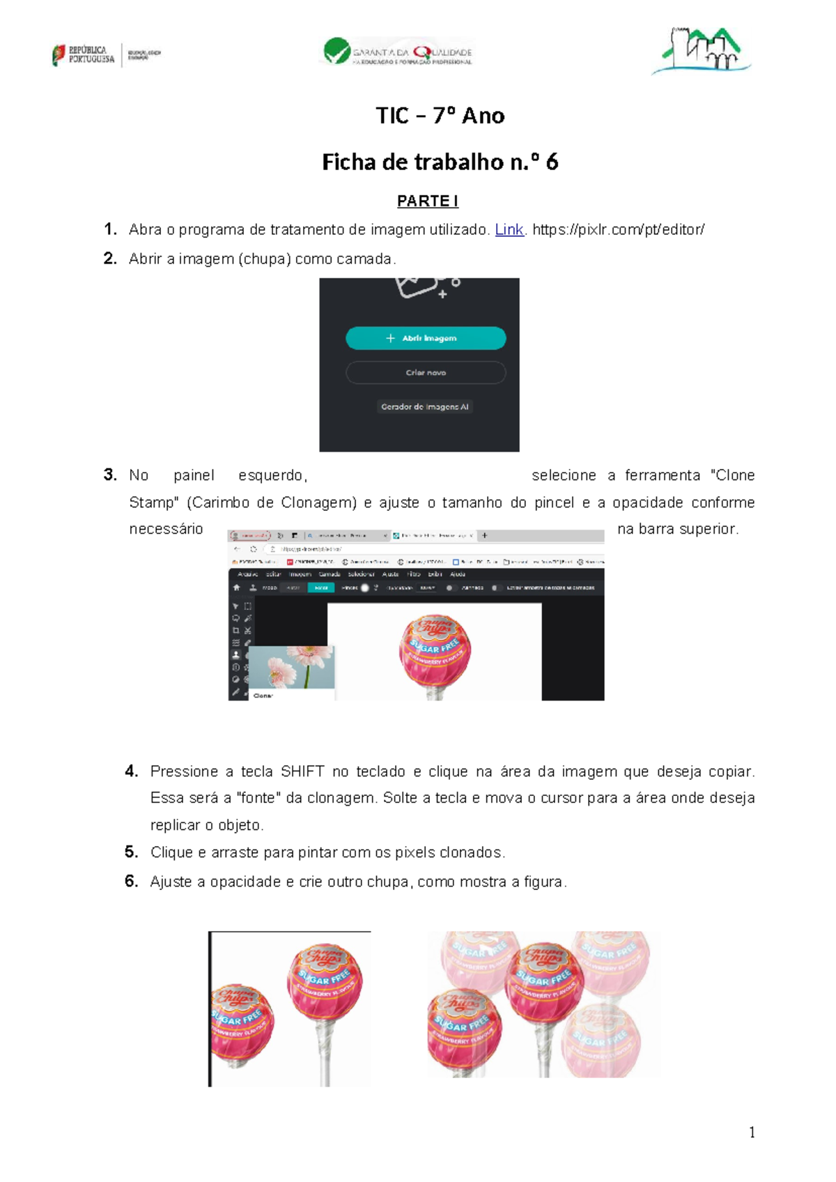 TIC 7º Ano Ficha de Trabalho n.º 6 - Edição de Imagens com GIMP - Document Preview