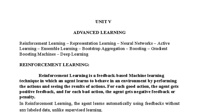 UNIT V: Advanced Learning Techniques in Machine Learning - Studocu