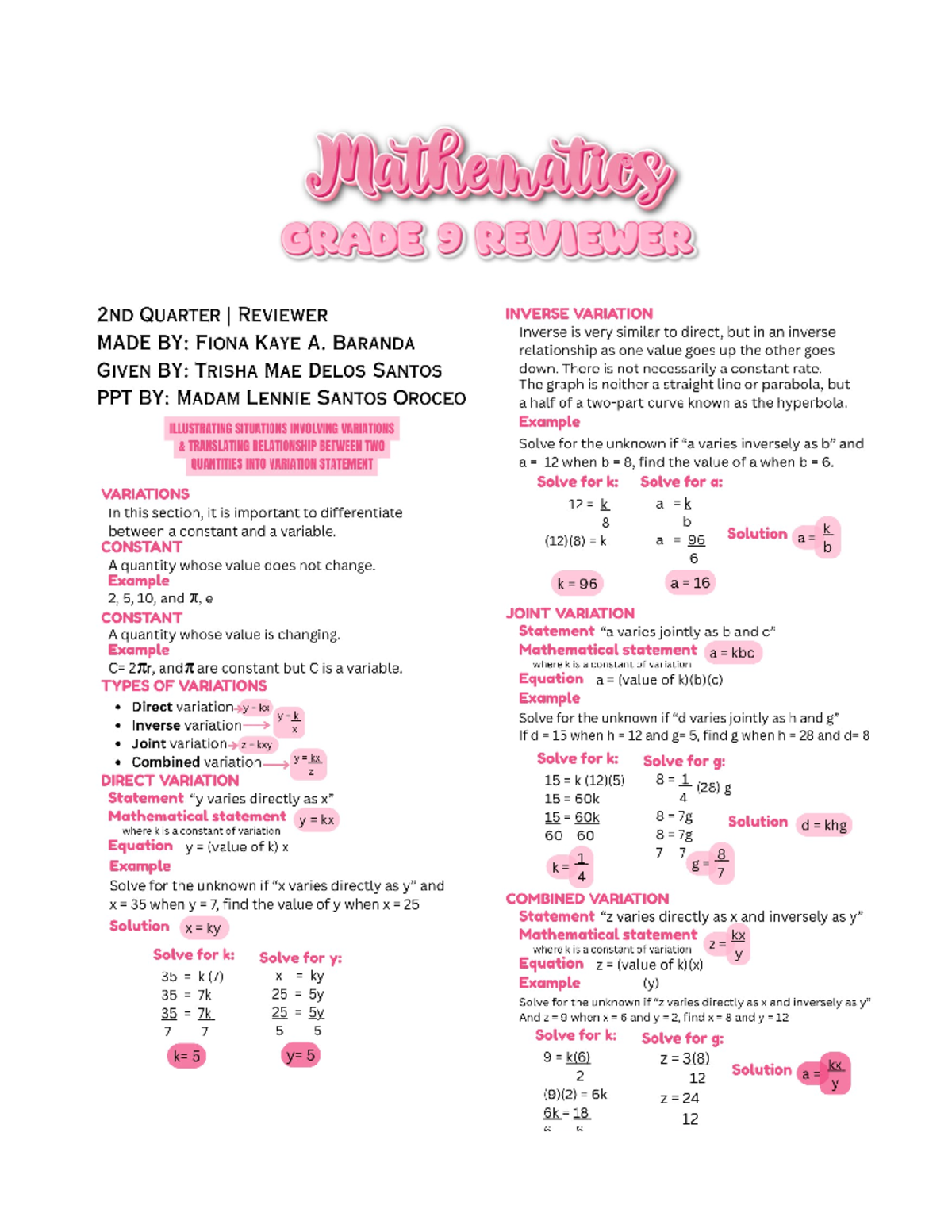 Mathematics 9 GRADE REVIEWER: 2ND QUARTER INVERSE VARIATION & QUADRATIC ...