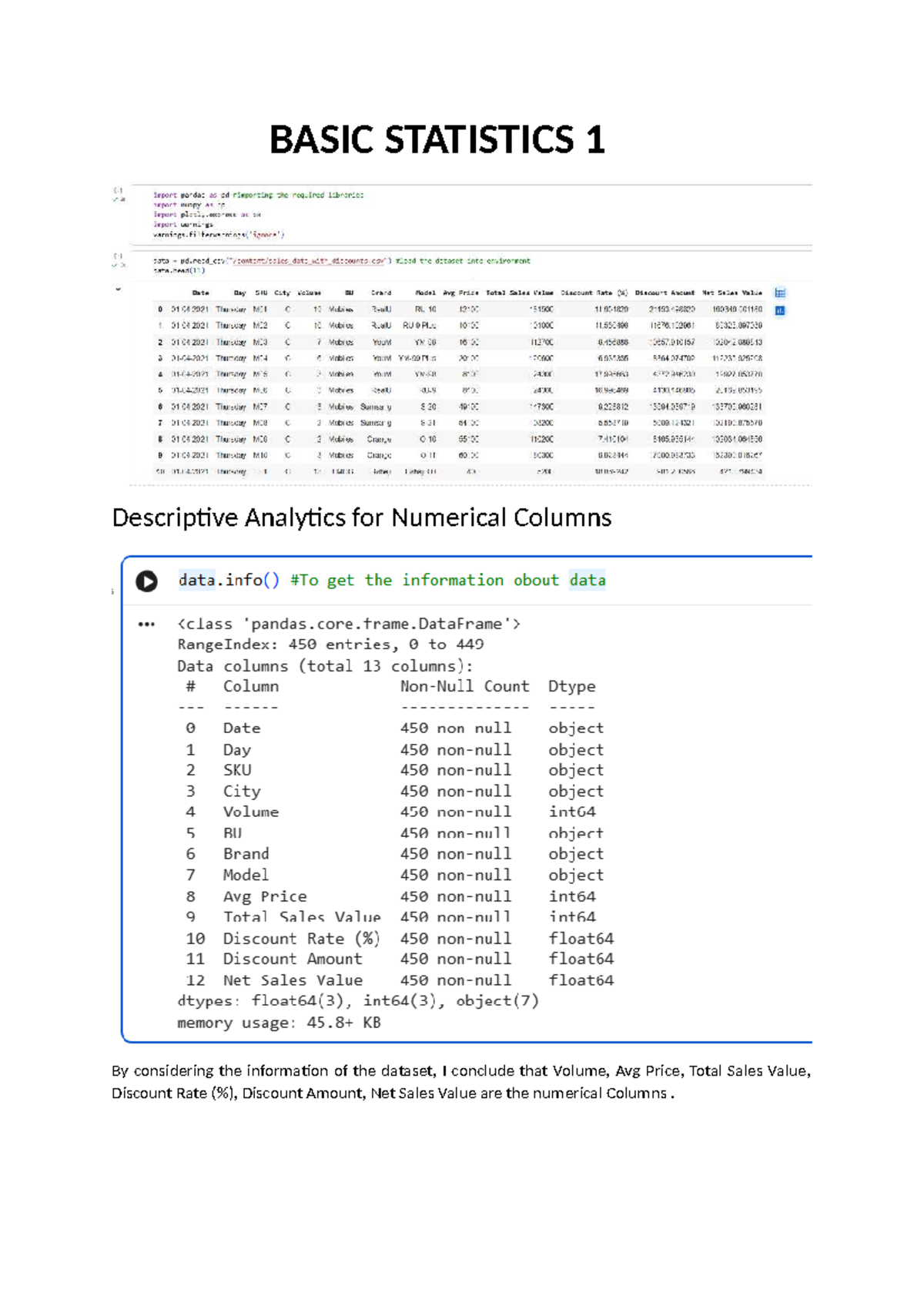 BASIC STATISTICS 1: Descriptive Analytics & Data Preprocessing - Studocu
