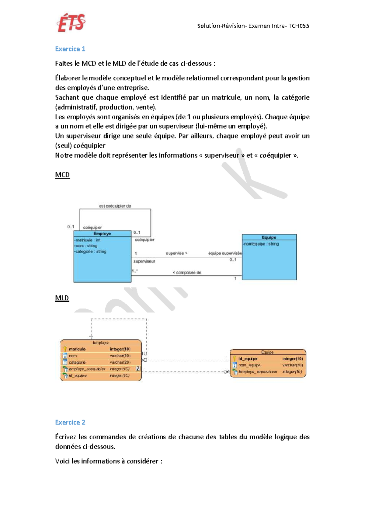 Examen TCH055 Solutions Intra: MCD, MLD et Requêtes SQL - Studocu