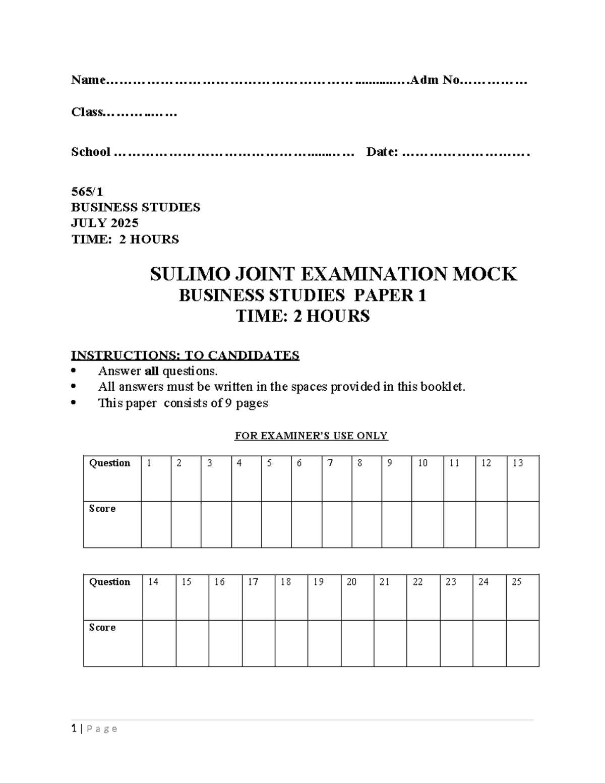 Business Studies Mock Exam Paper 1 - July 2025 - Studocu