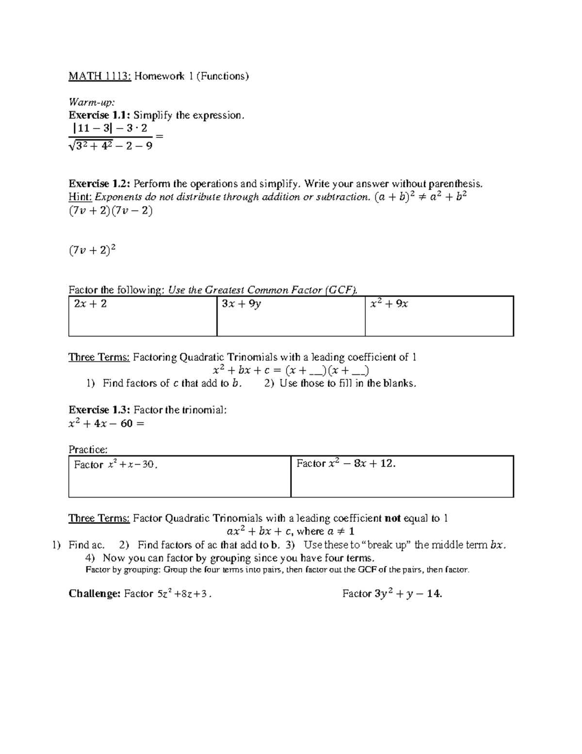 MATH HW1 Functions Handout: Exercises and Simplifications - Studocu