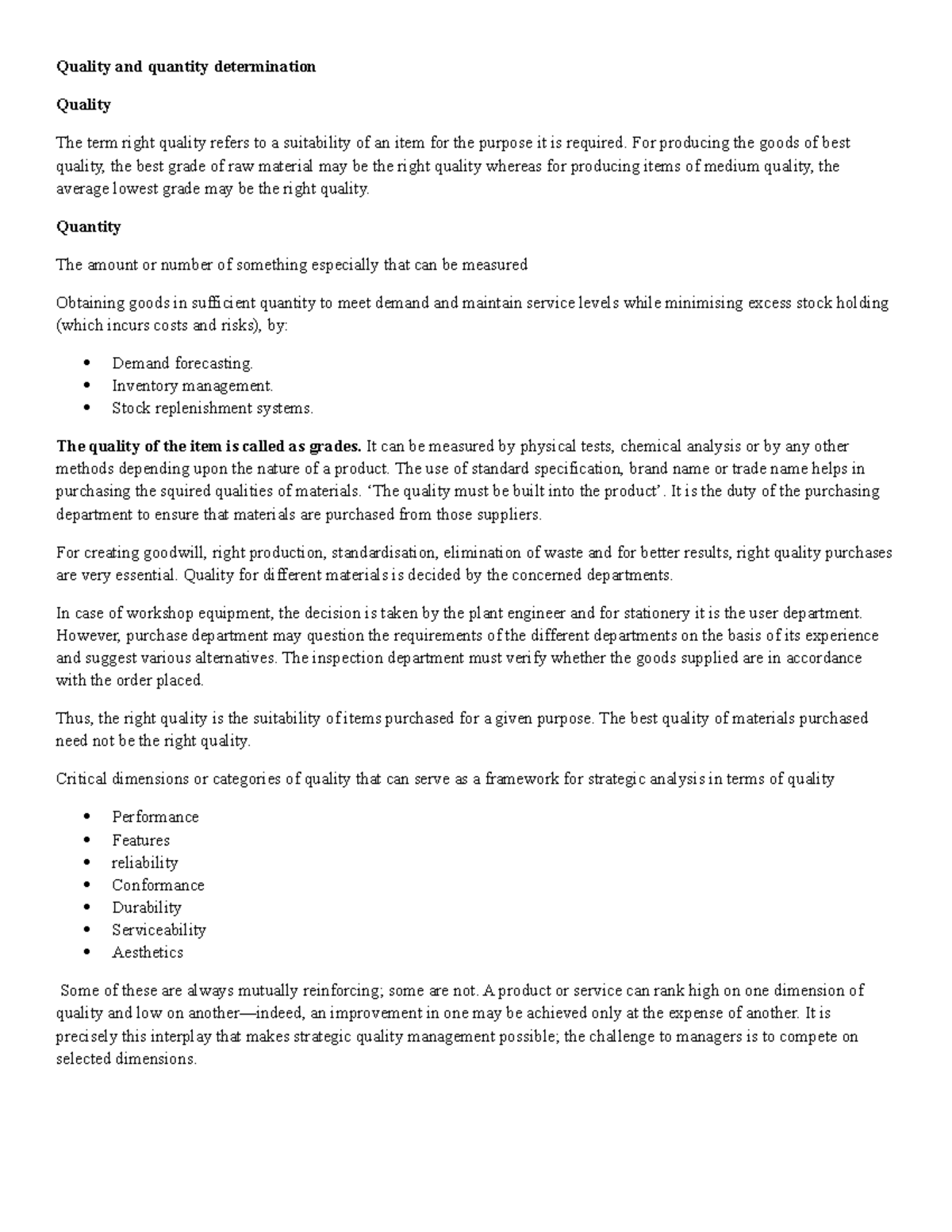 Quality and Quantity Determination - Lecture Notes 3 - Studocu