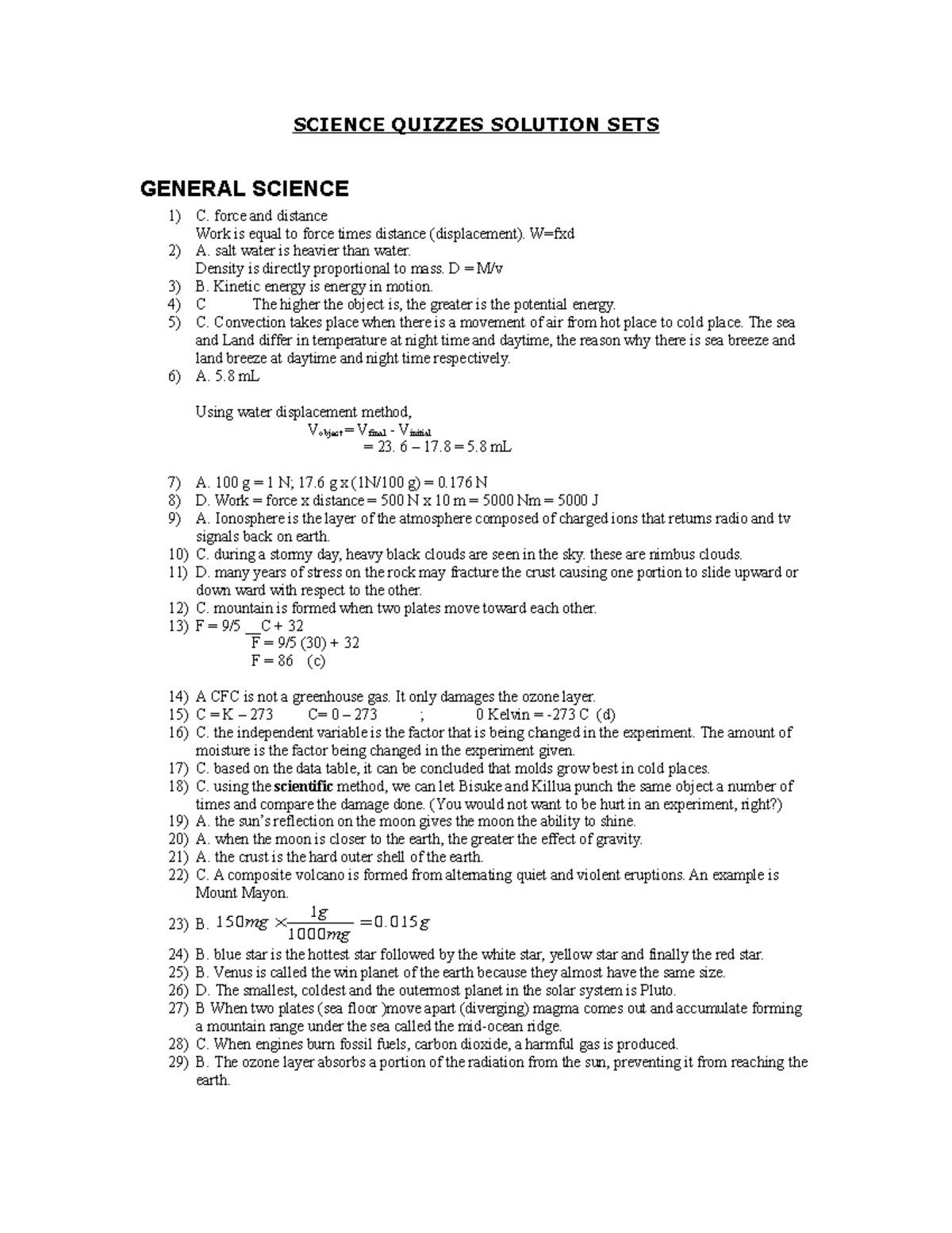 Solution Set for Science and Math Quizzes - Bachelor of Science in ...