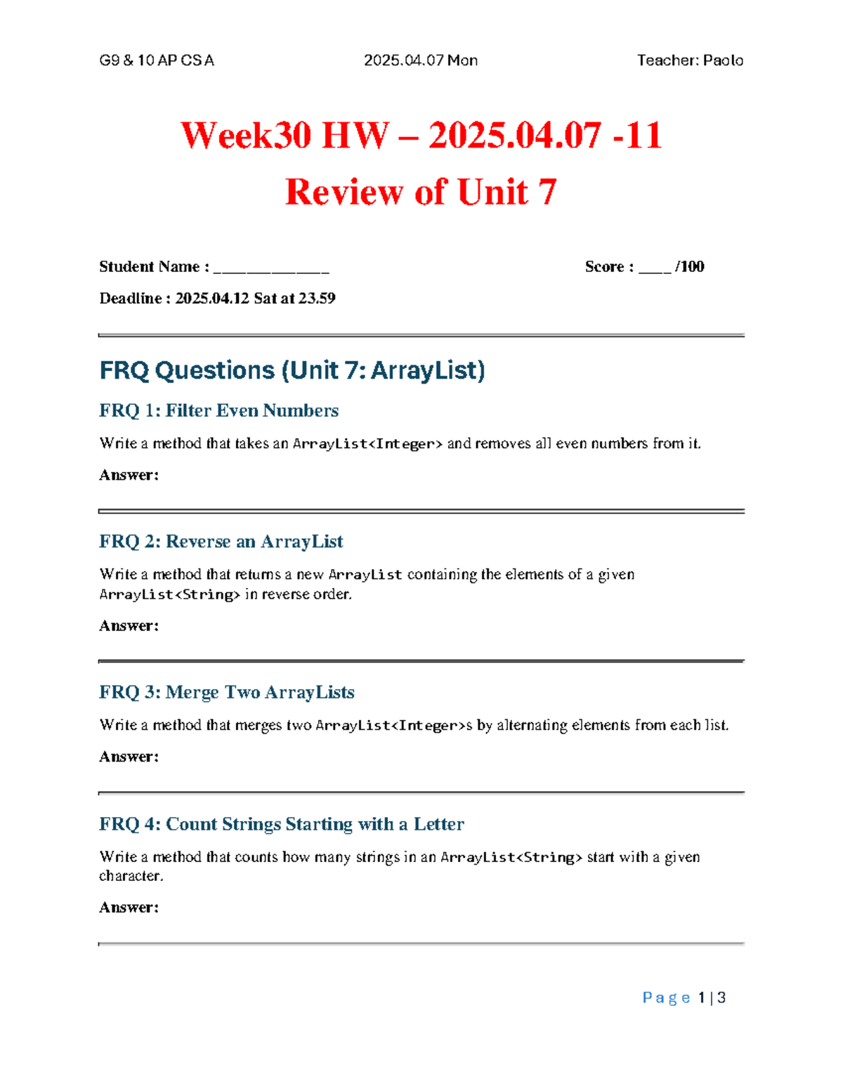 G9 10 AP CS A Week 30 HW Review - Unit 7: ArrayList FRQ & MCQ - Studocu