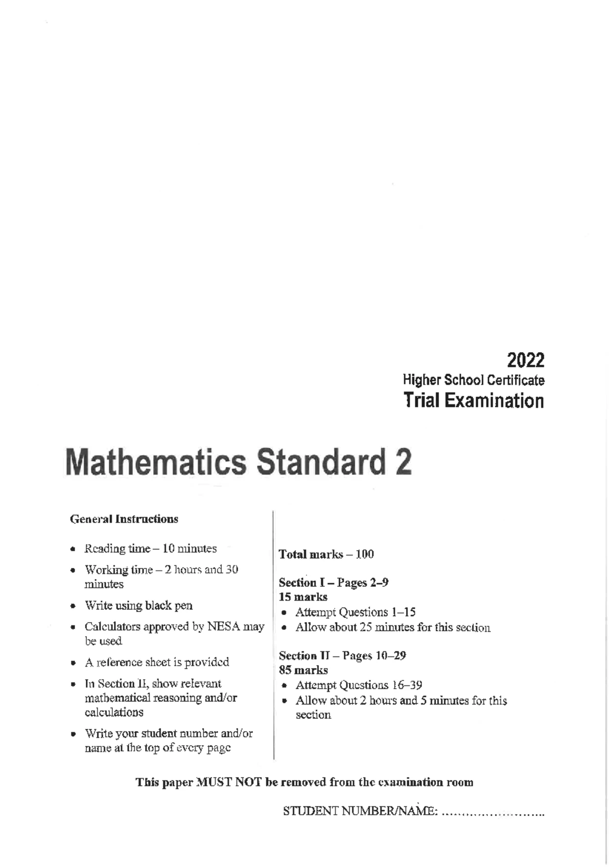2022 HSC Mathematics Standard 2 Trial Exam Marking Guidelines - Studocu