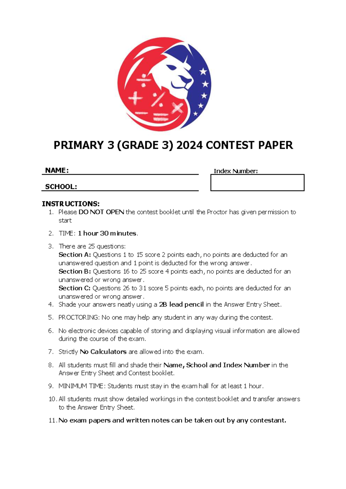 SMC 2024 Primary 3 (Grade 3) Contest Paper & Practice Questions - Studocu