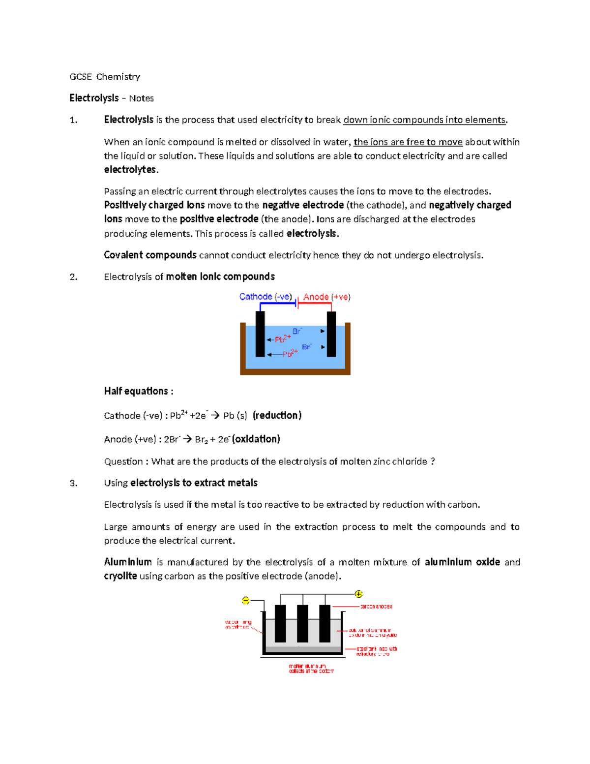 GCSE AQA Chemistry Electrolysis Study Notes - Studocu