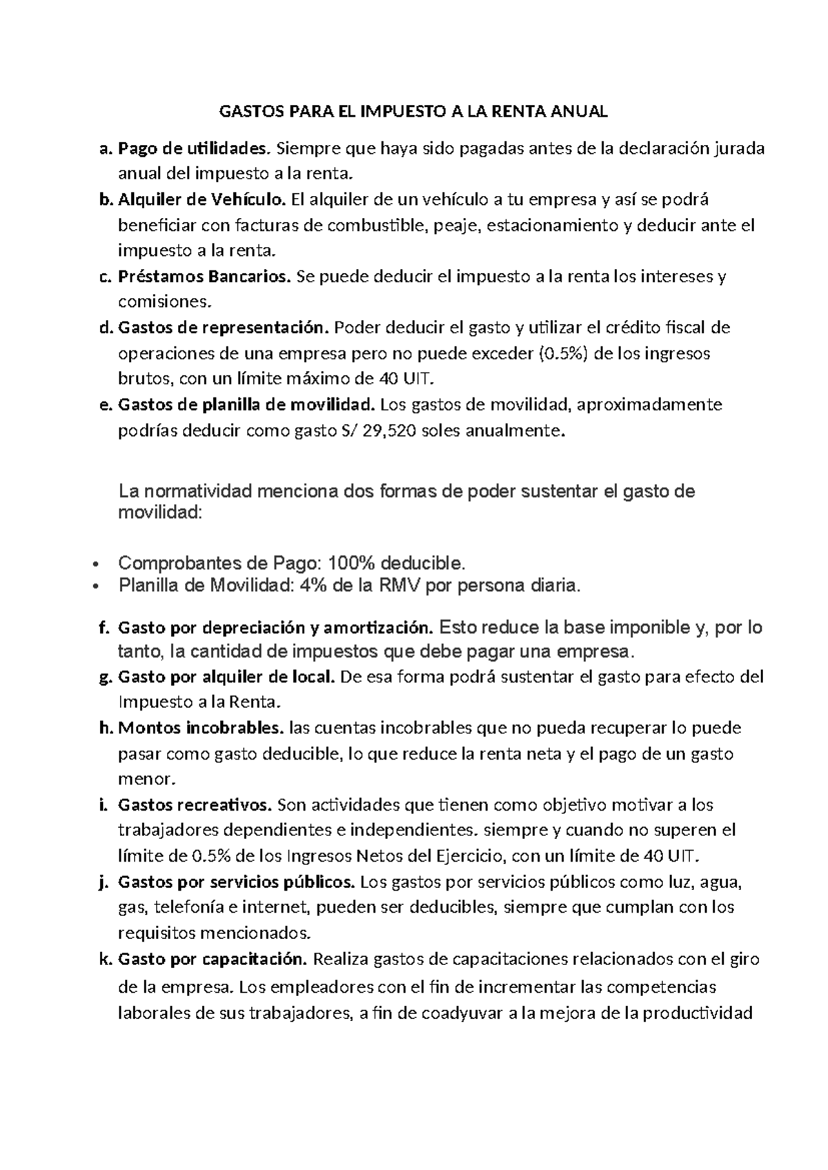 Gastos Deducibles para el Impuesto a la Renta Anual - Studocu