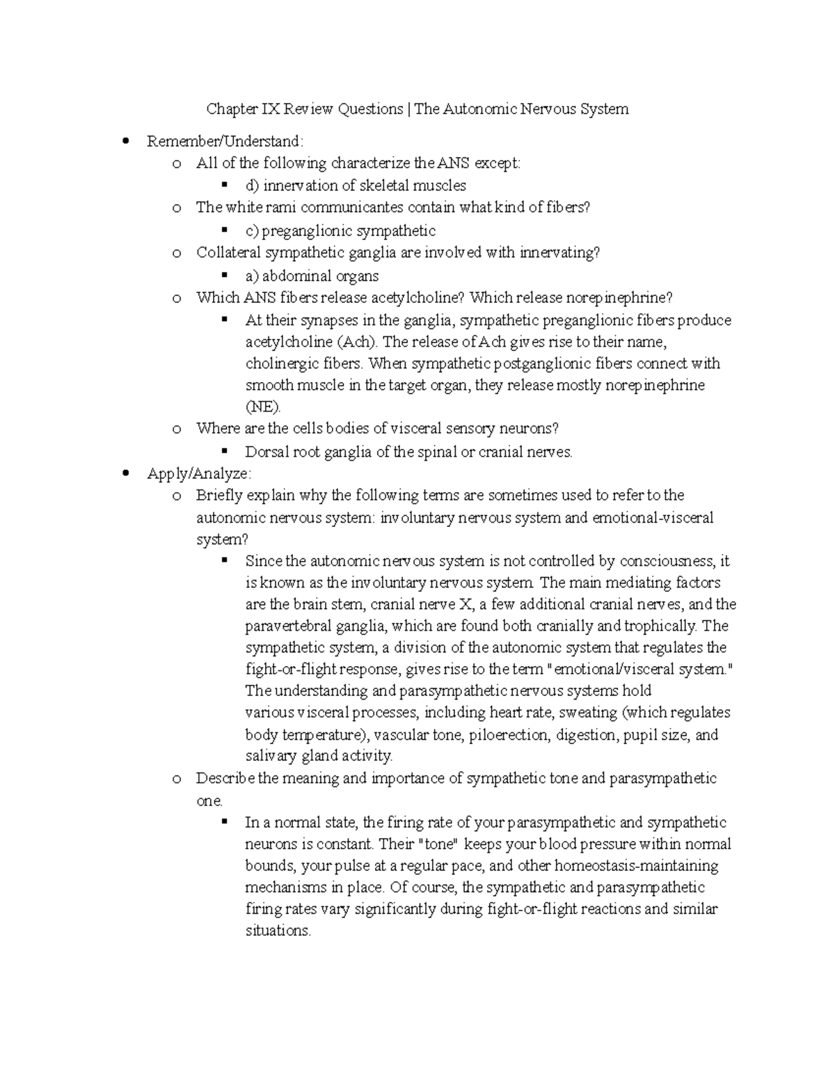 Chapter IX Review Questions on Autonomic Nervous System Concepts - Studocu