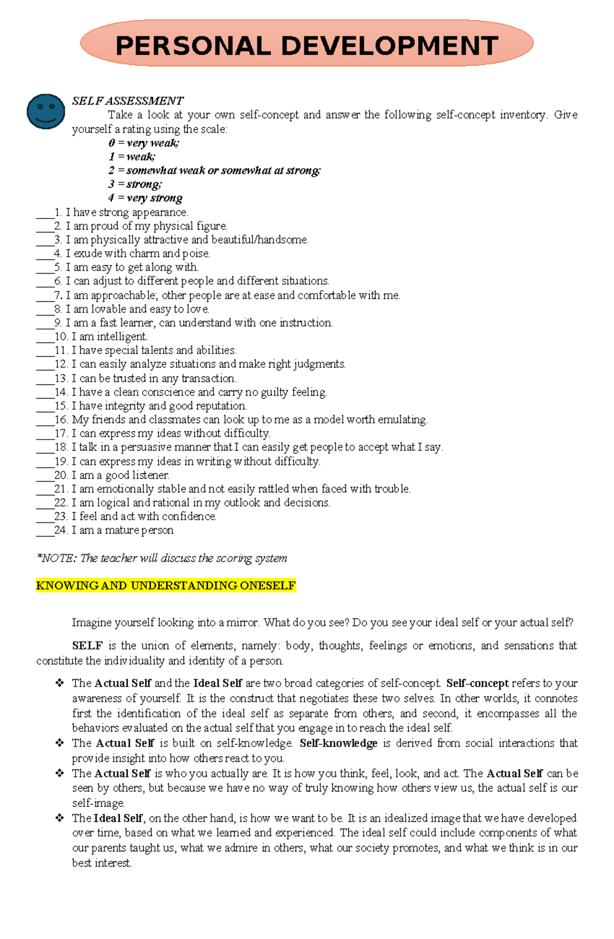 Perdev 1 - Some lecture notes for students - SELF ASSESSMENT Take a ...