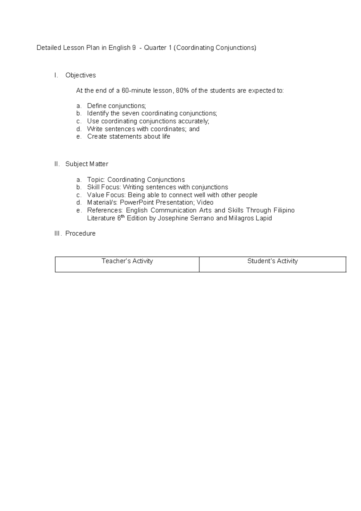 Q1 DLP in English 9: Coordinating Conjunctions Lesson Plan - Studocu