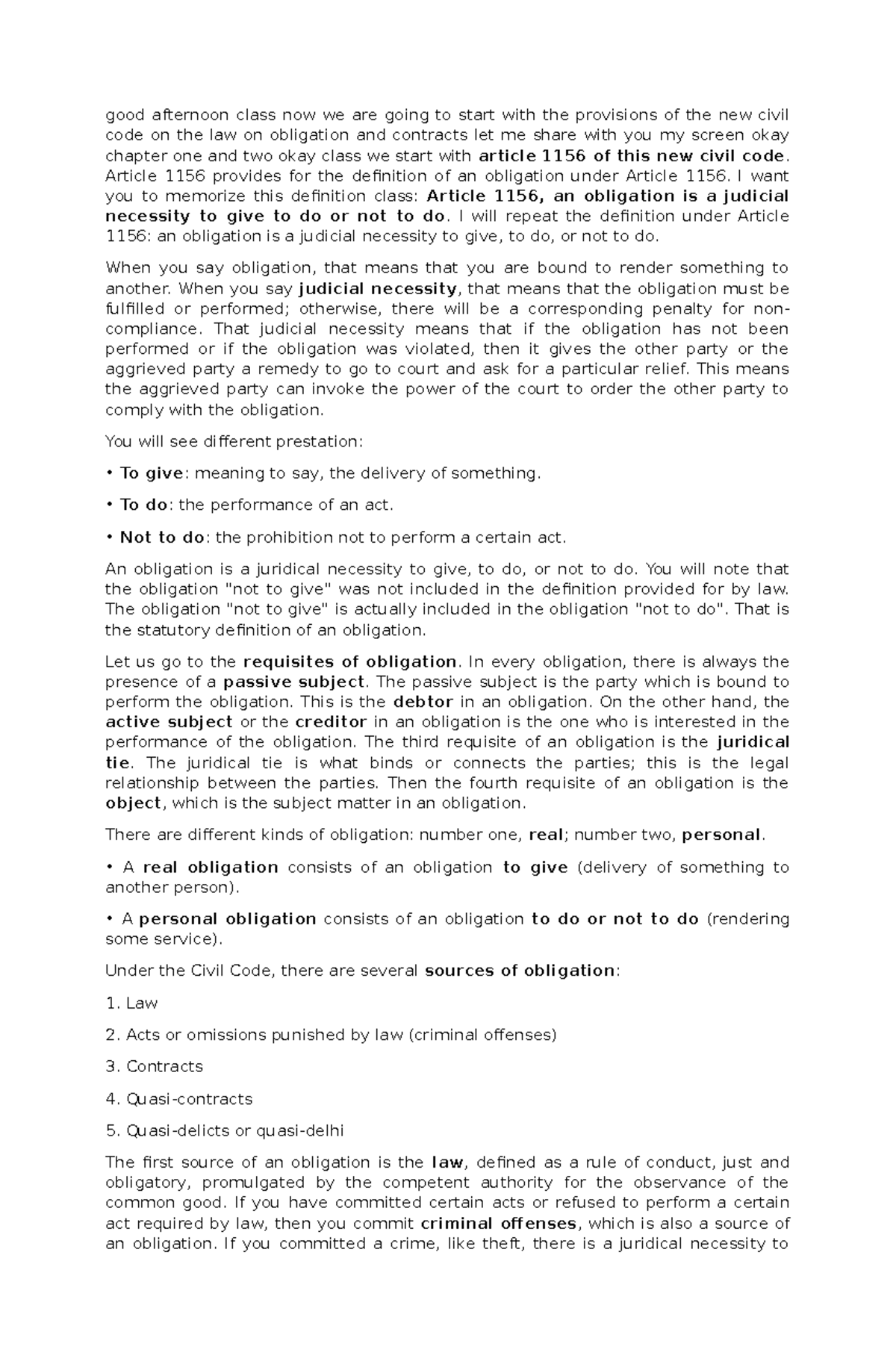 Civil Code Obligations & Contracts Overview - TSN NBLM - Studocu