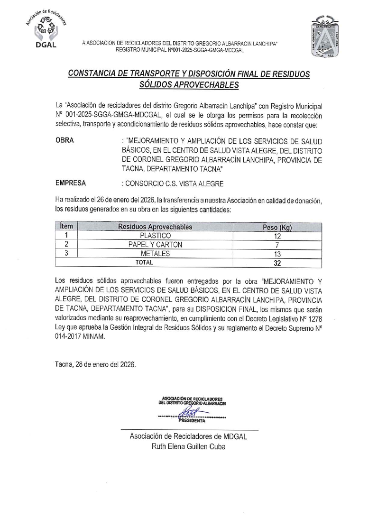 Constancia de Recojo de Residuos - Asociación de Recicladores DGAL - Document Preview