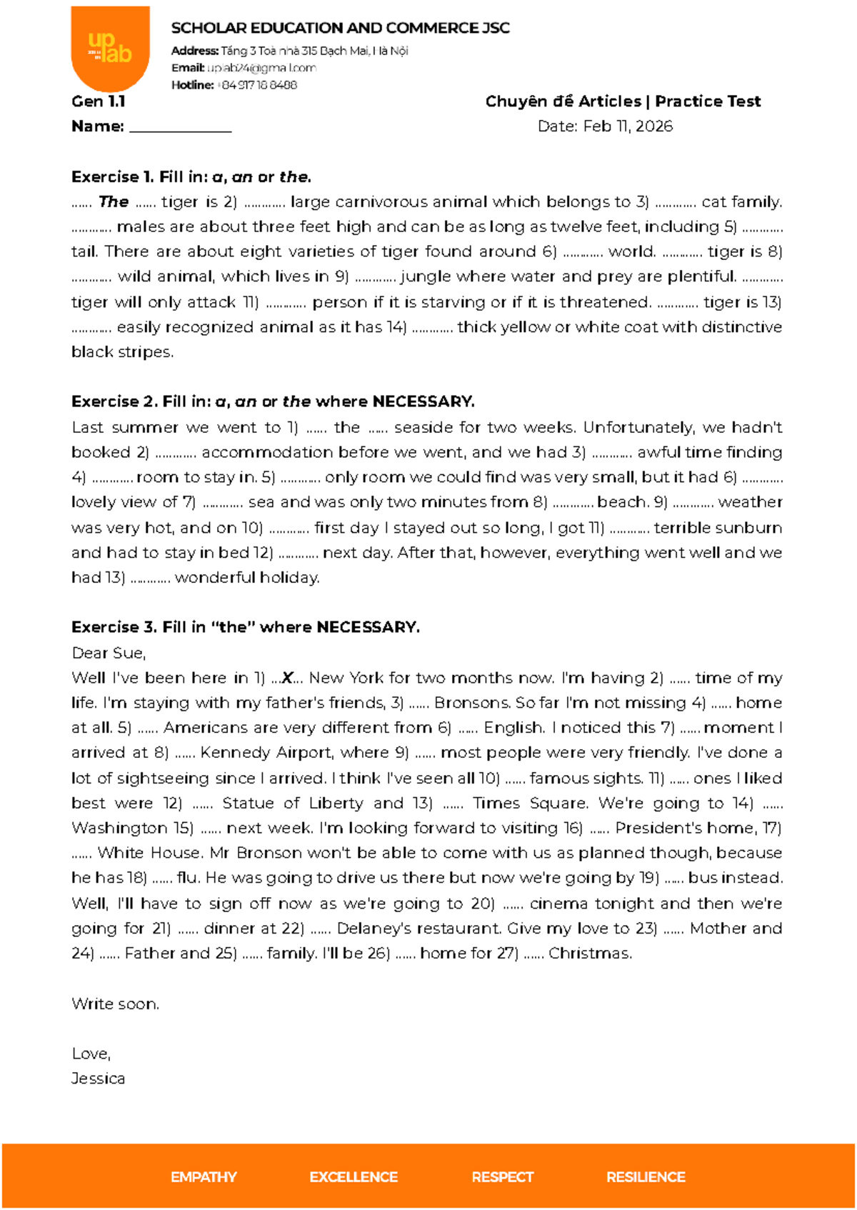 Gen 1.1 - Chuyên đề Articles Practice Test - Studocu
