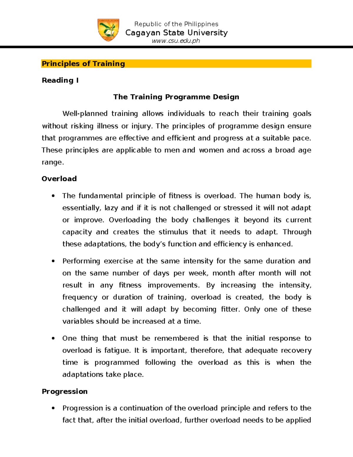 Principles of Training FITT Principle - Cagayan State University csu ...