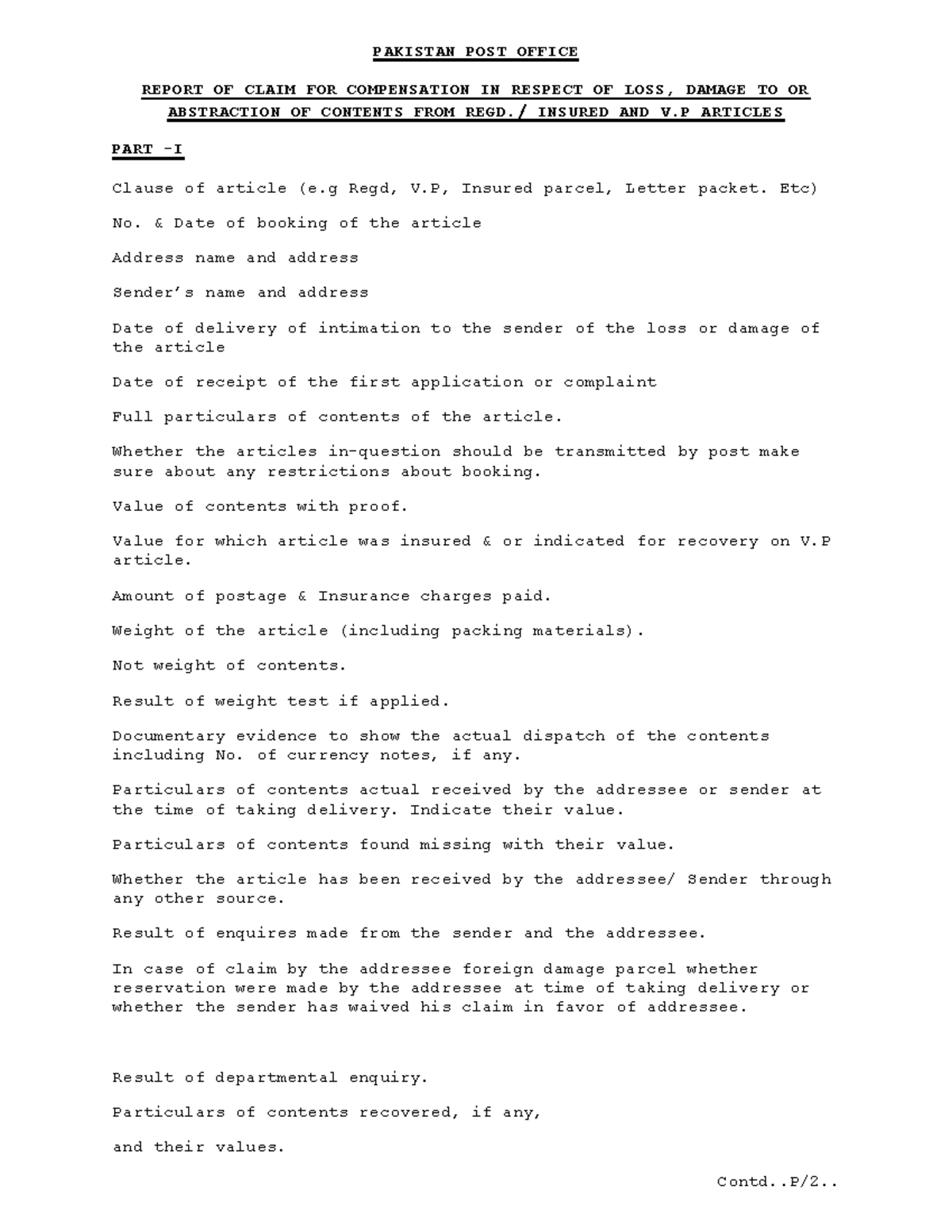 Pakistan Post Office Claim Compensation Form 2023 - Studocu