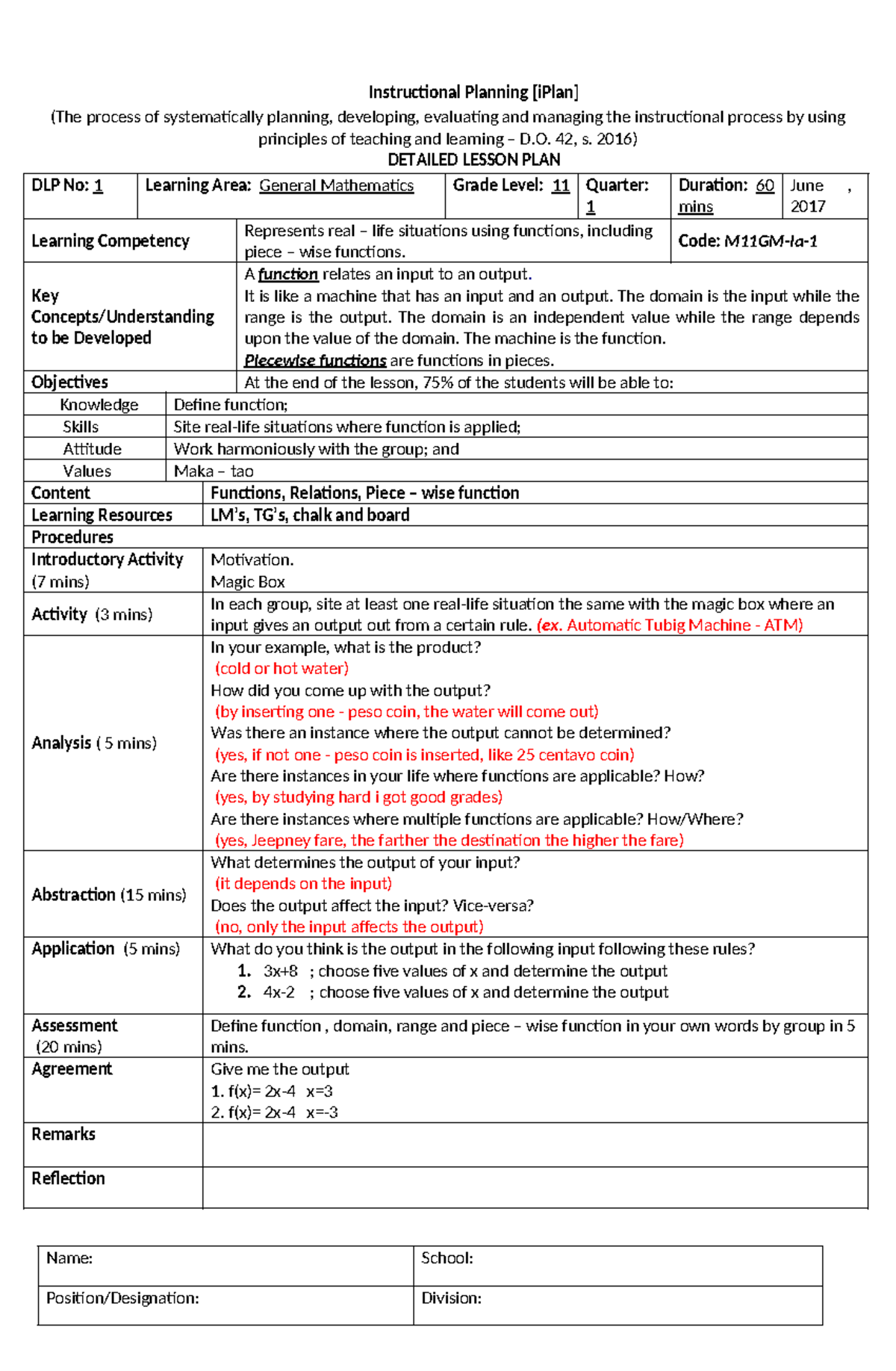 Lesson Plan: M11GM-Ia-1 - Functions and Real-life Applications - Studocu