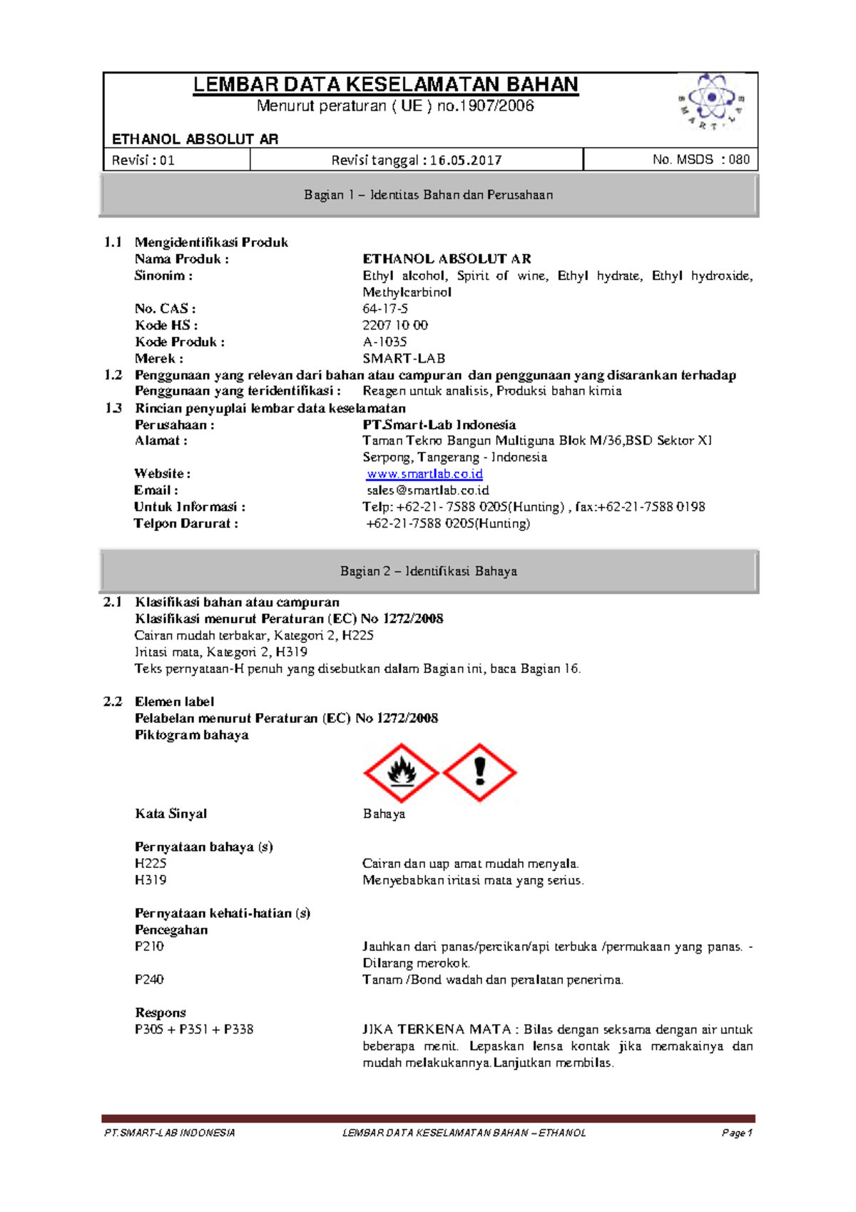 MSDS ETHANOL ABSOLUT AR - Smartlab (Revisi 01, Tanggal 16.05) - Studocu