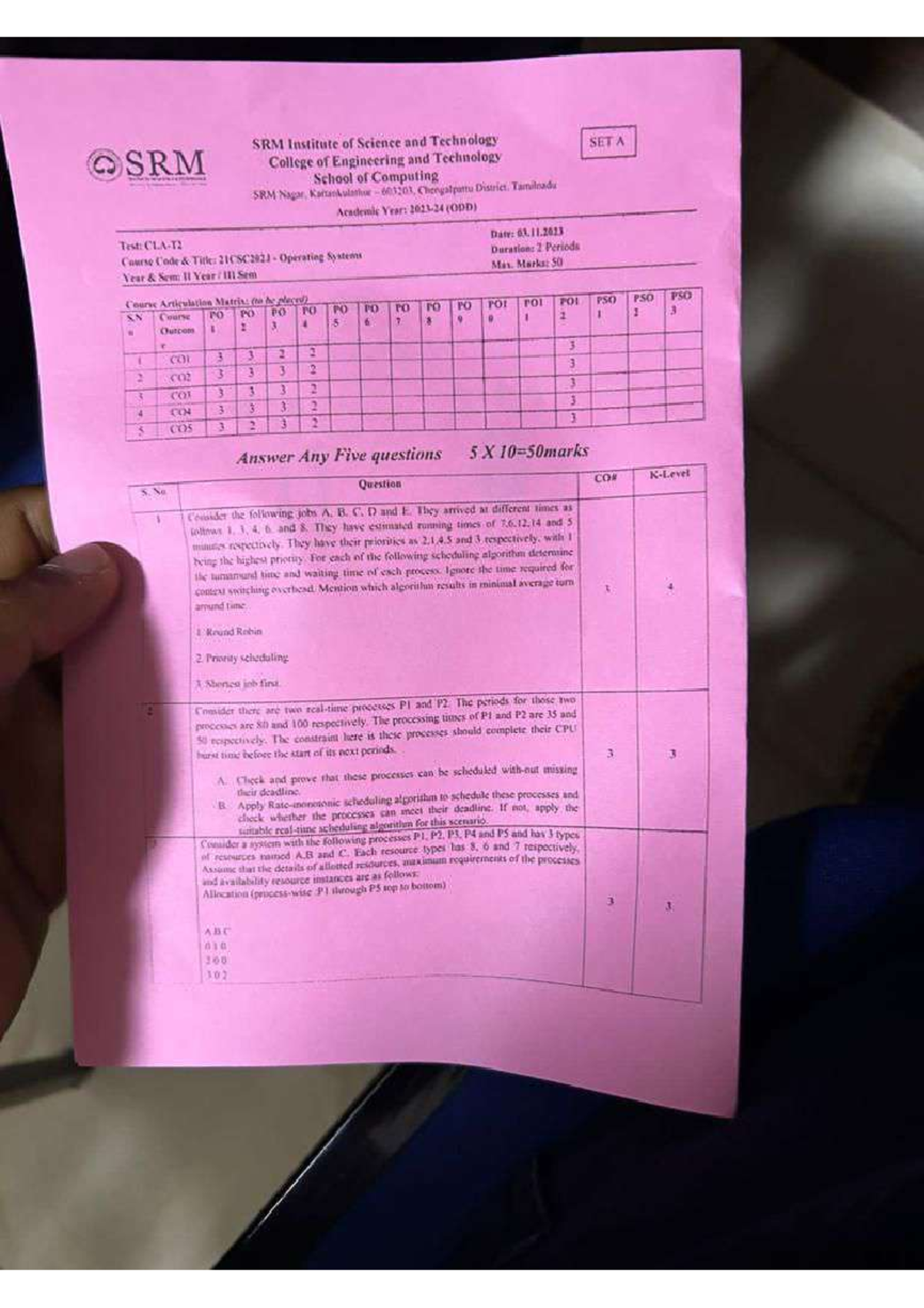 21CSC2021 Operating Systems Test Paper - November 2023 Analysis ...