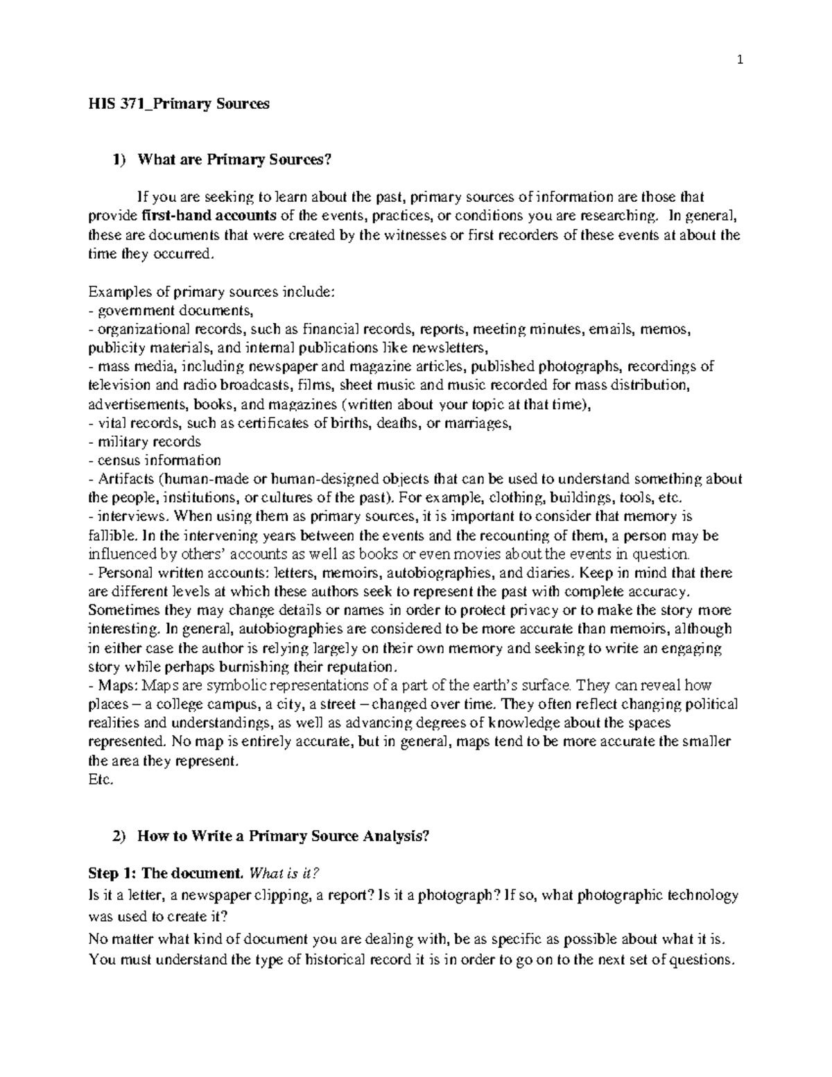 HIS 371 Sources Analysis: Understanding Primary Sources and Their Use ...