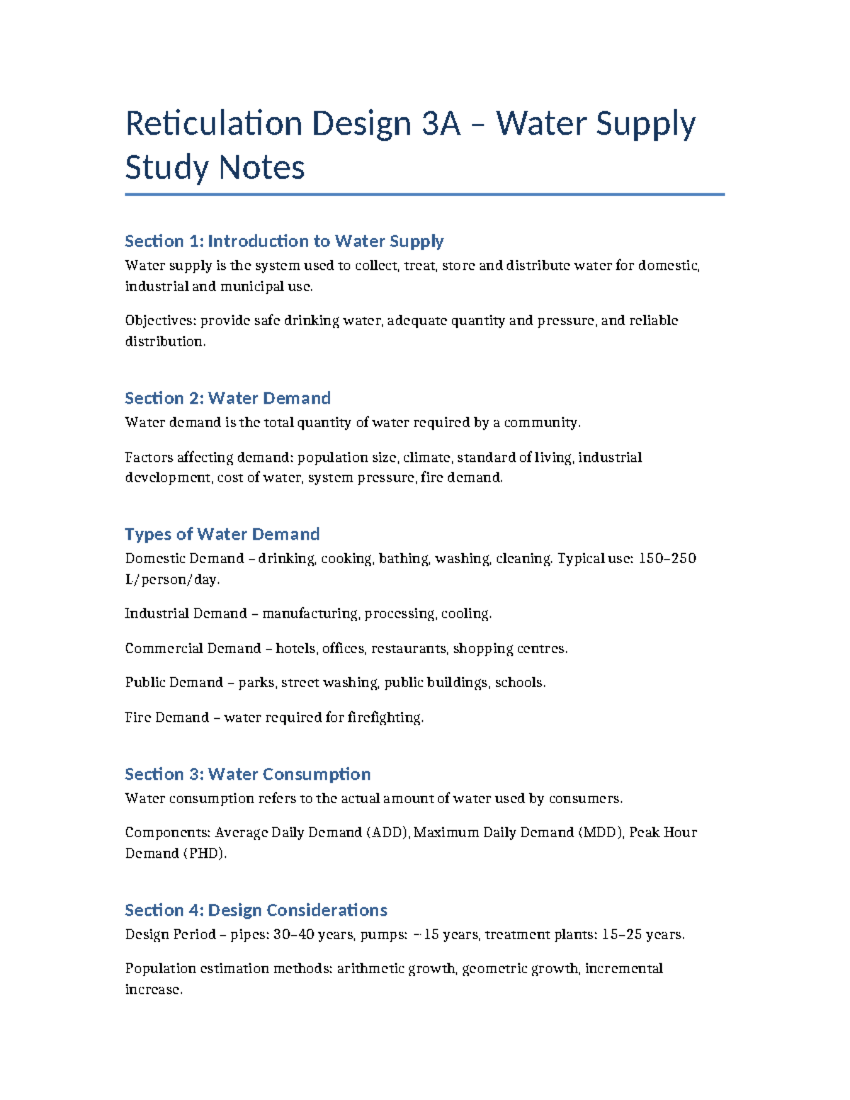 Reticulation Design 3A: Water Supply Study Notes (Weeks 1-2) - Studocu